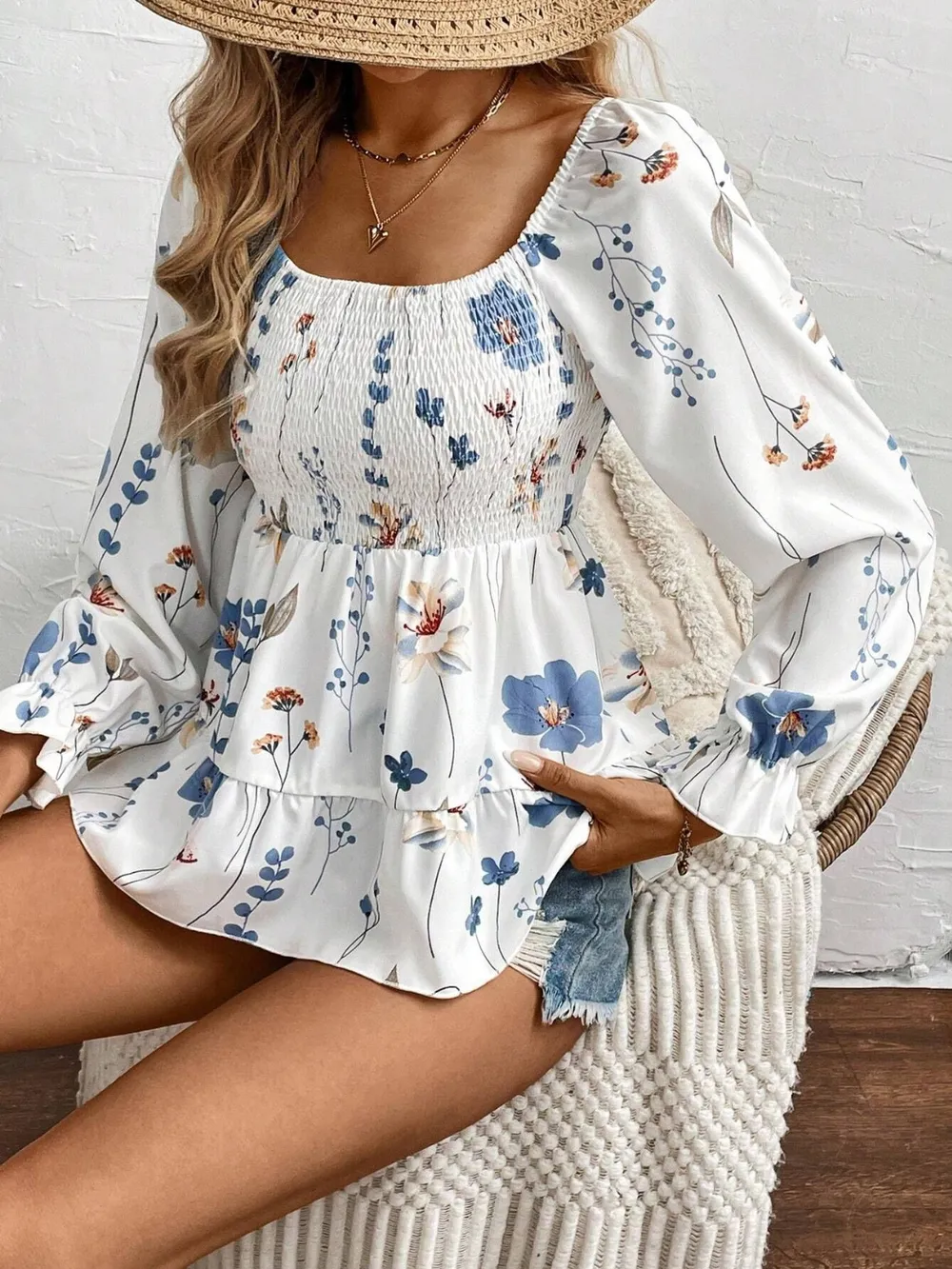 Smocked Floral Scoop Neck Flounce Sleeve Blouse, image 5
