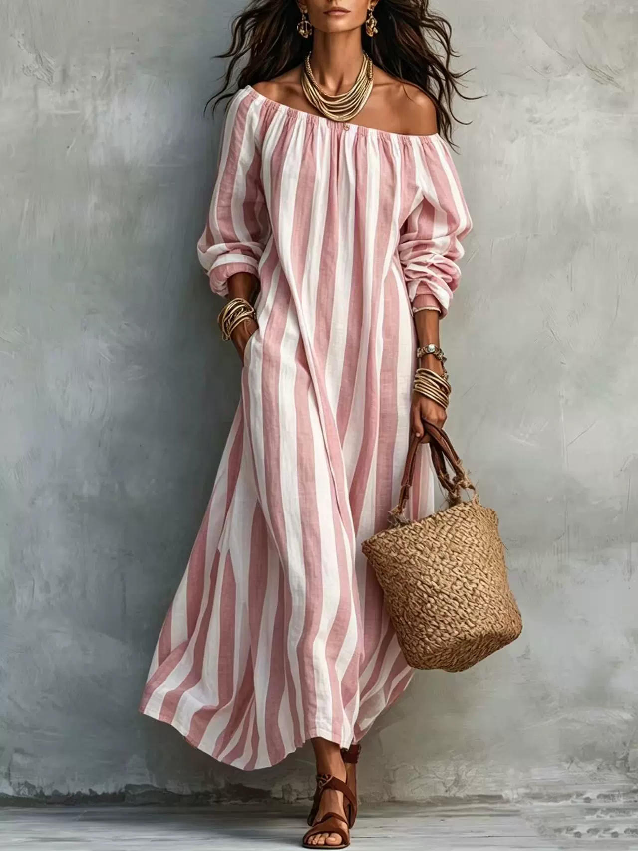 Off-Shoulder Striped Dress with Pockets, image 4