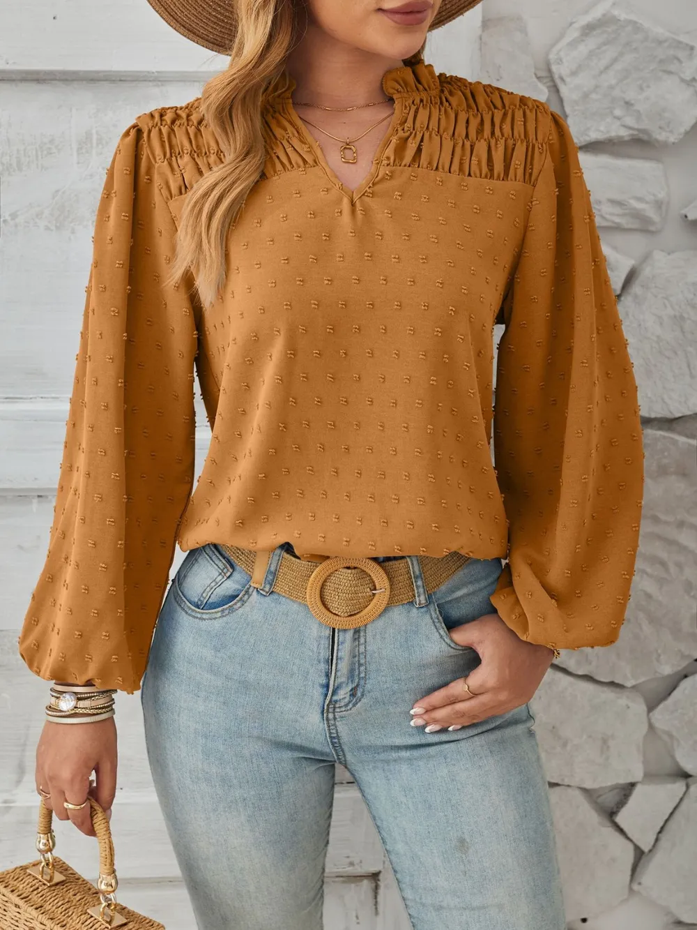 Ruched Swiss Dot Notched Balloon Sleeve T-Shirt, image 12