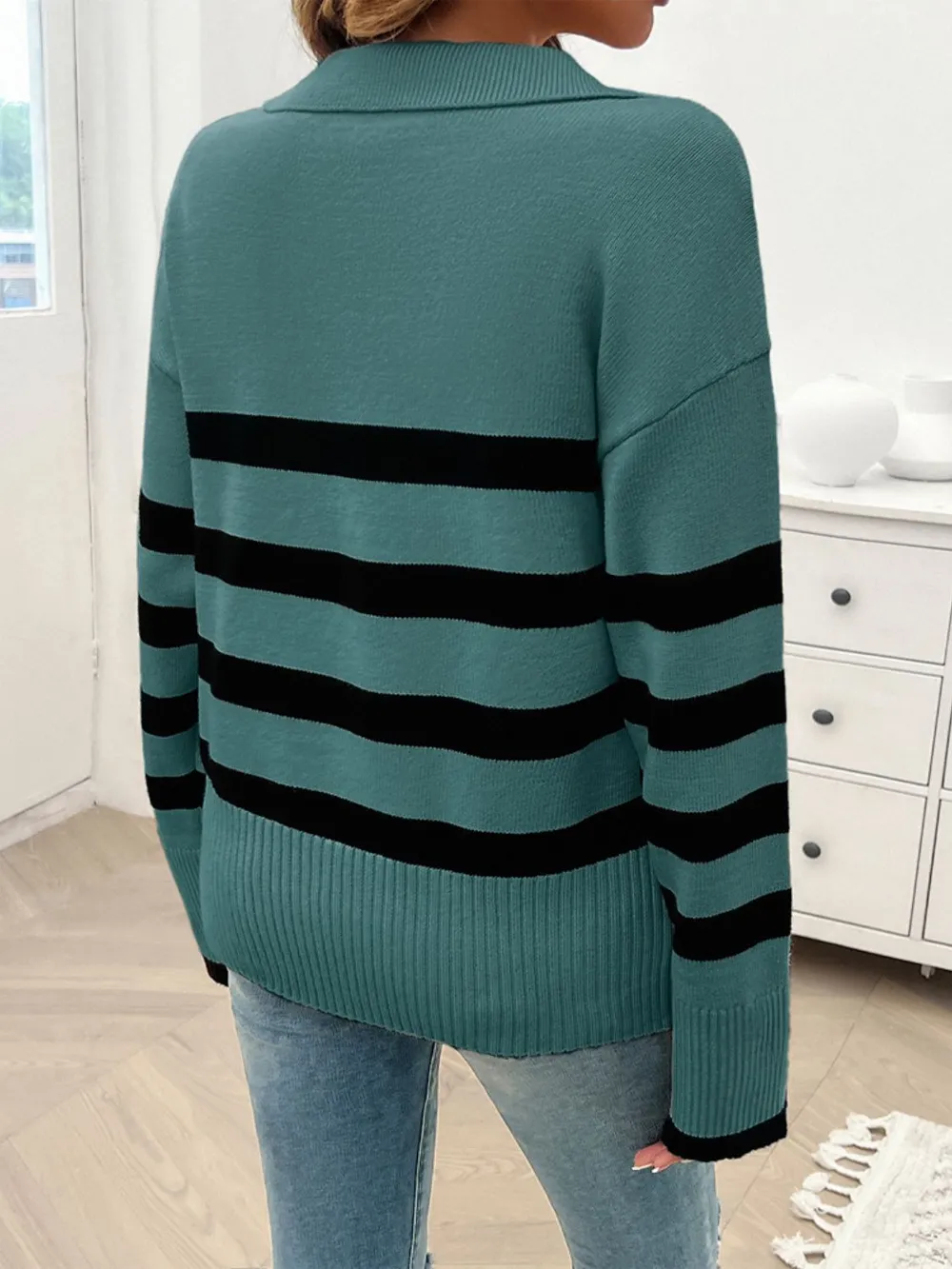 Striped Collared Neck Long Sleeve Sweater, image 23