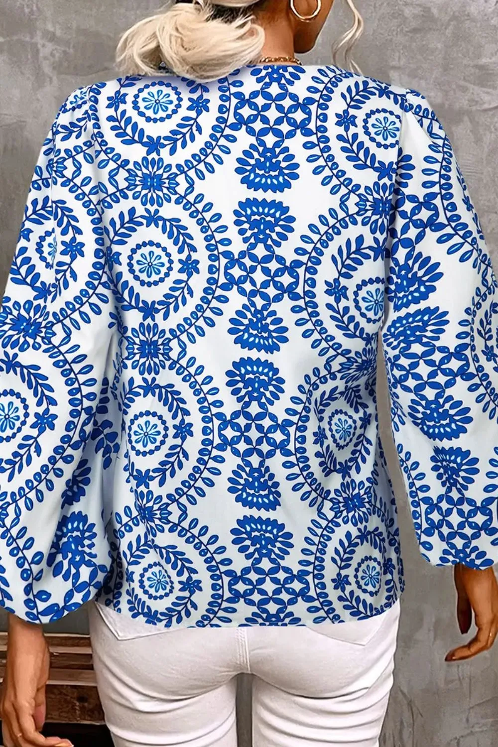 Printed Notched Long Sleeve Blouse, image 2