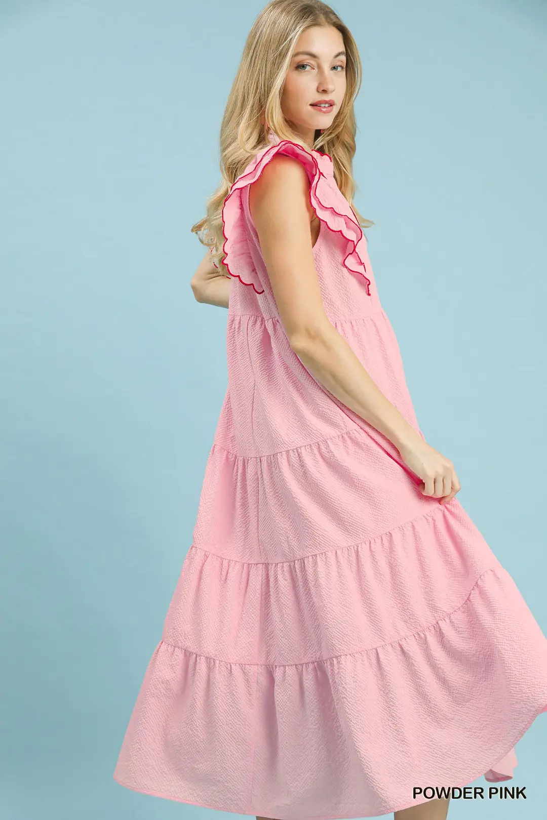 Seersucker Ruffle Sleeve Tiered Midi Dress, image 2