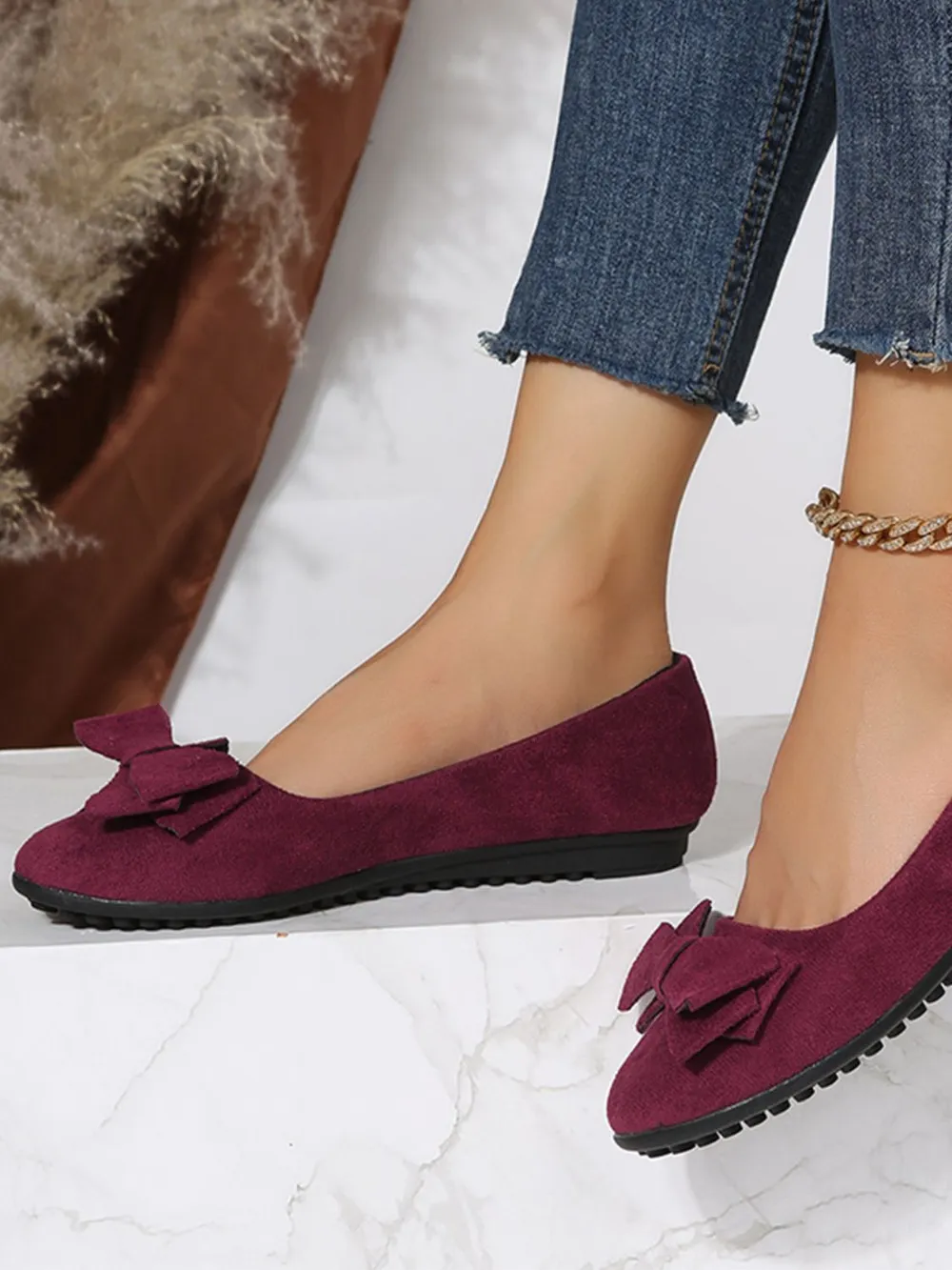 Bow Solid Color Round Toe Flat Slip-Ons, image 2