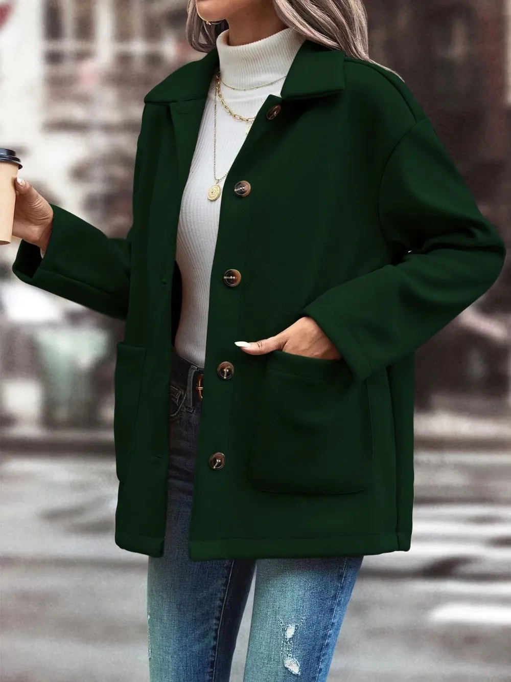 Pocketed Collared Neck Button Up Jacket, image 2
