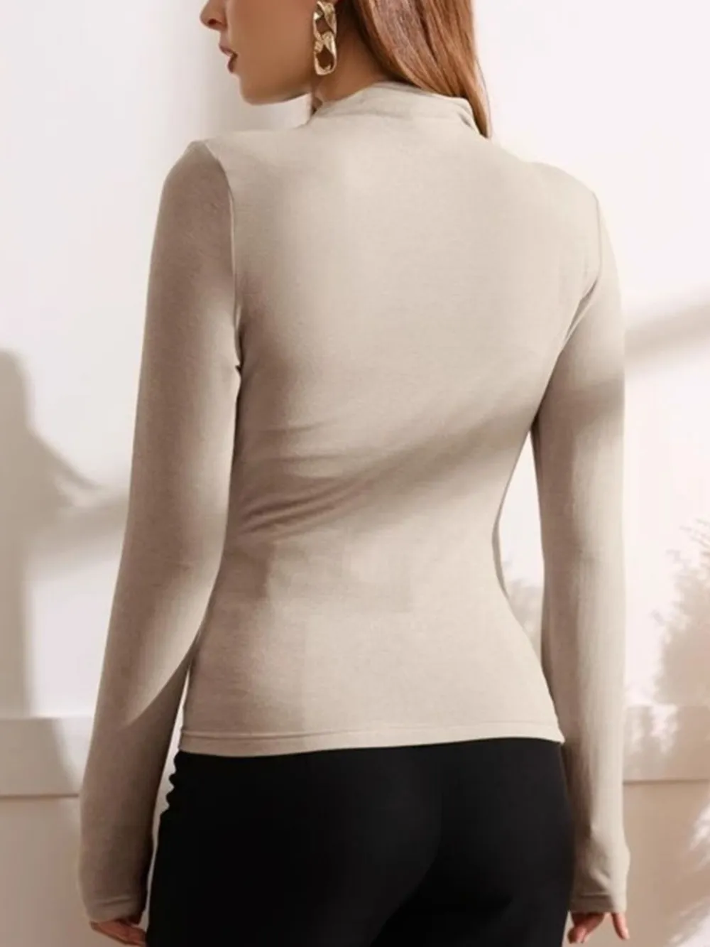 Mock Neck Ruched Long Sleeve T-Shirt, image 3