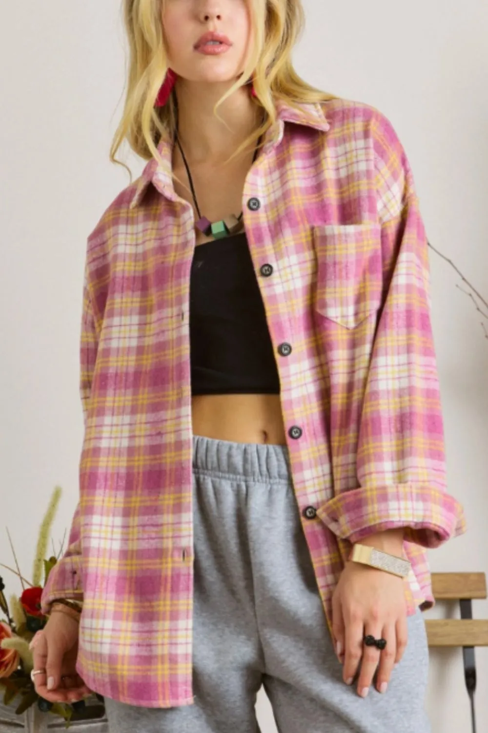 Plaid Collared Neck Button Up Shacket, image 3