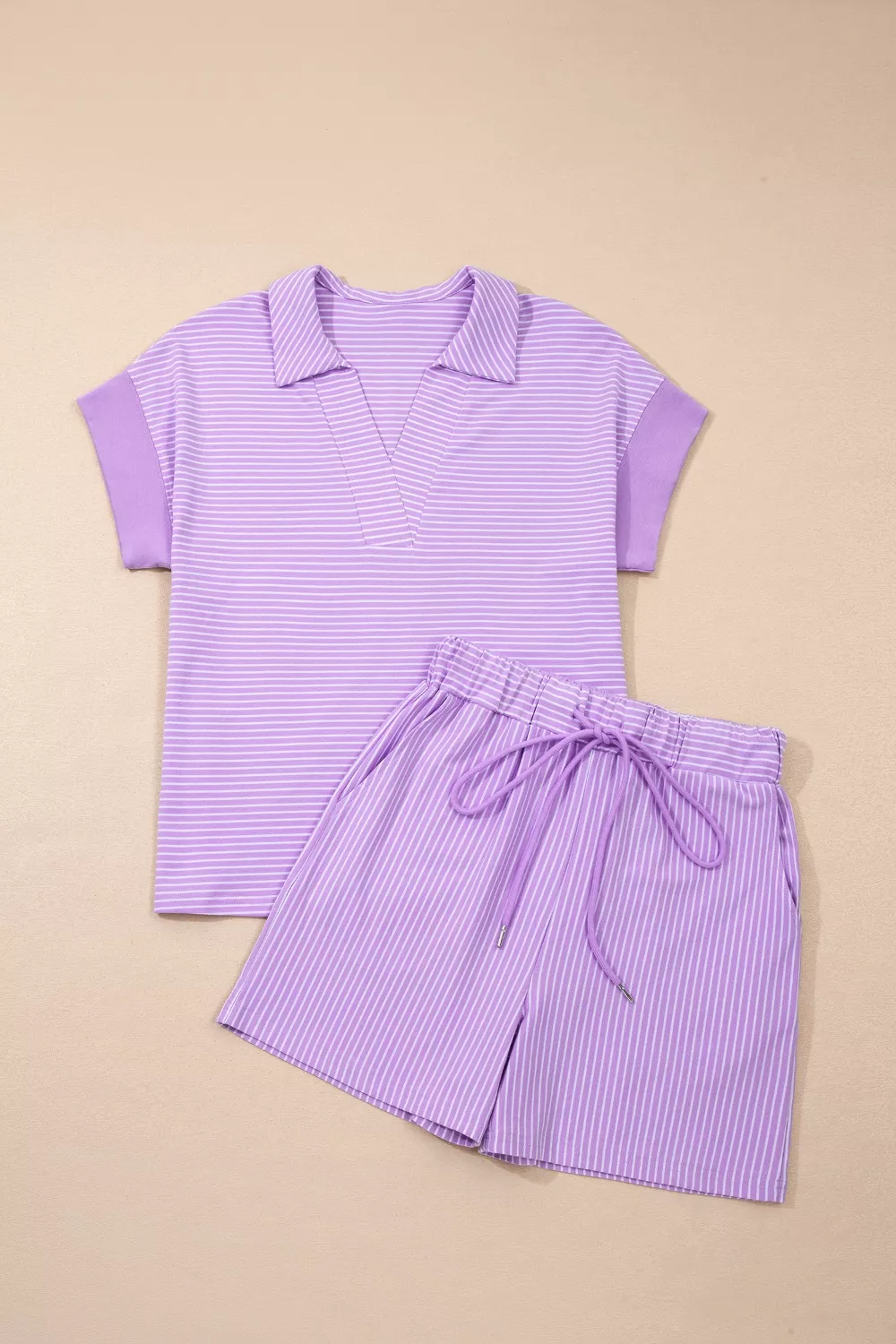 Stripe Dolman Sleeve Polo Shirt and Drawstring Shorts Set, image 5