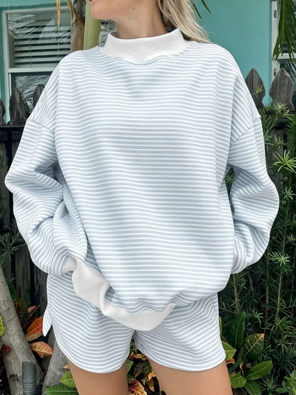 Striped Mock Neck Sweatshirt and Shorts Set, image 6