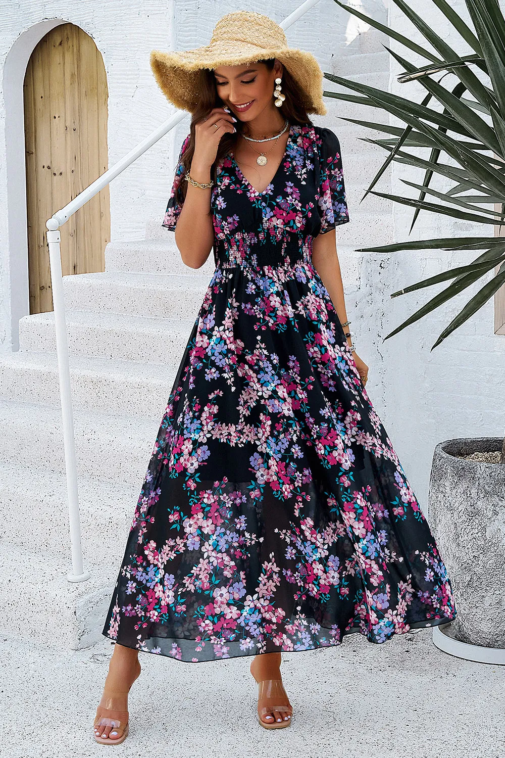 Smocked Floral V-Neck Short Sleeve Dress, image 15