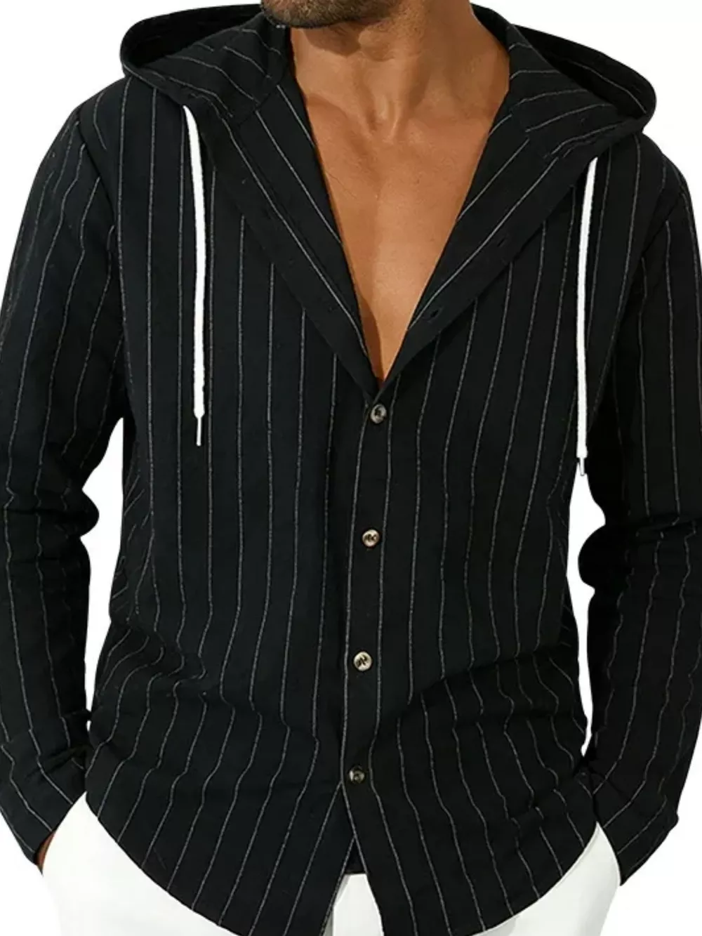 Men's Full Size Drawstring Hooded Button Up Shirt Plus Size