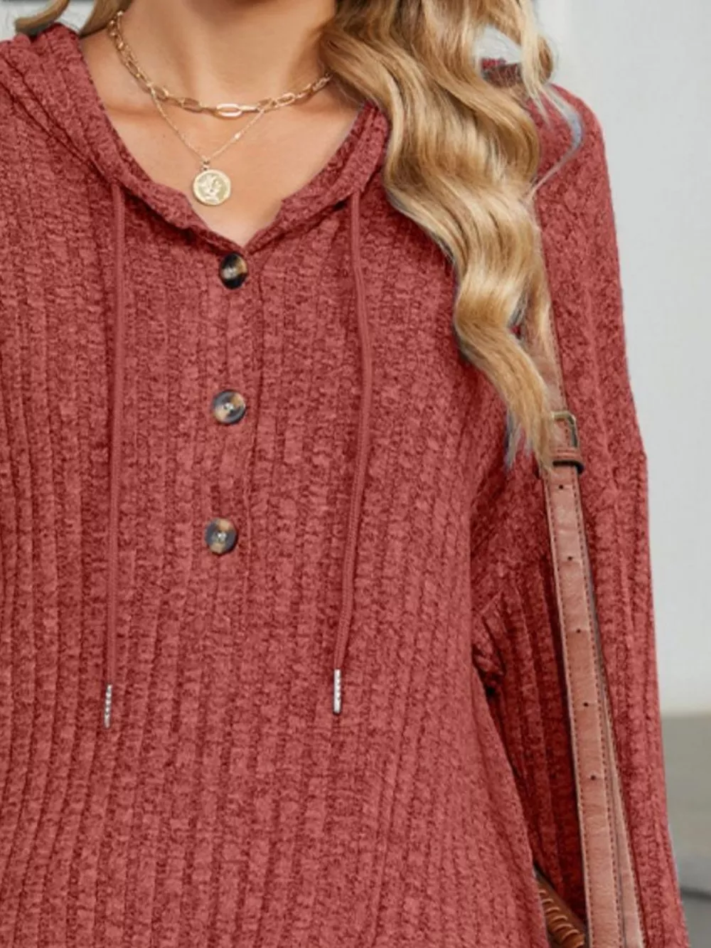 Ribbed Knit Drawstring Long Sleeve Hoodie, image 9