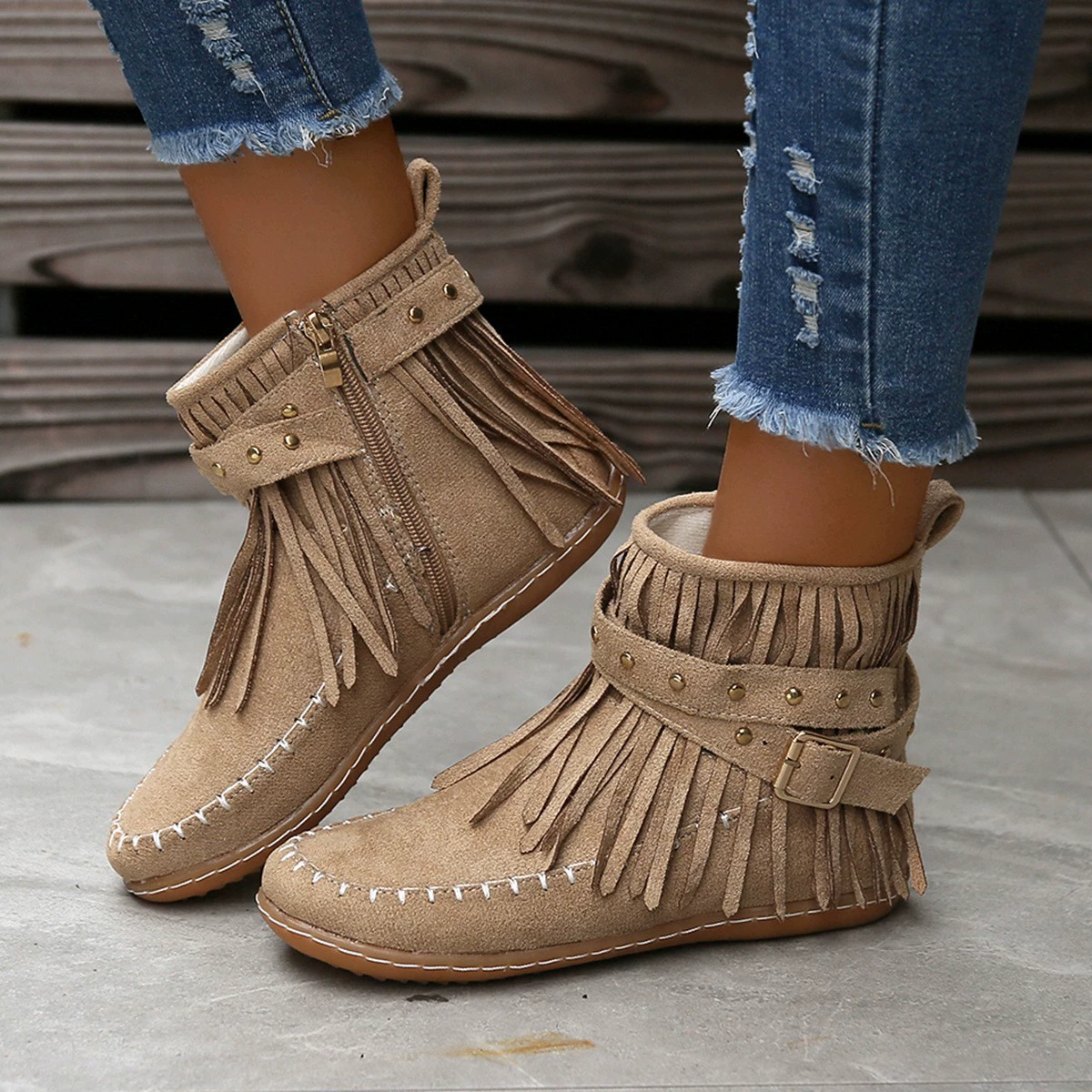 Fringe Studded Suede Flat Boots, image 3