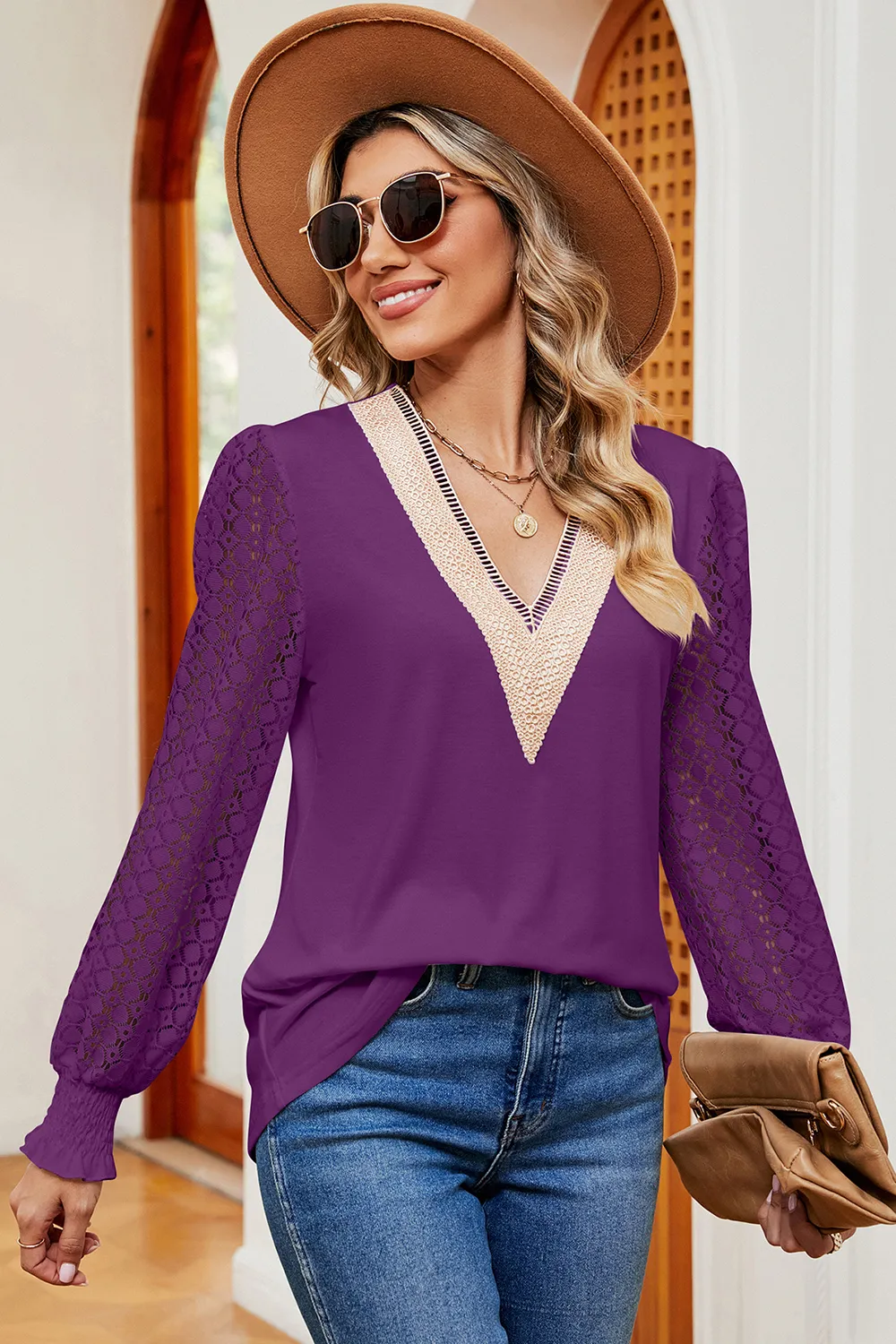 Openwork V-Neck Long Sleeve T-Shirt, image 16