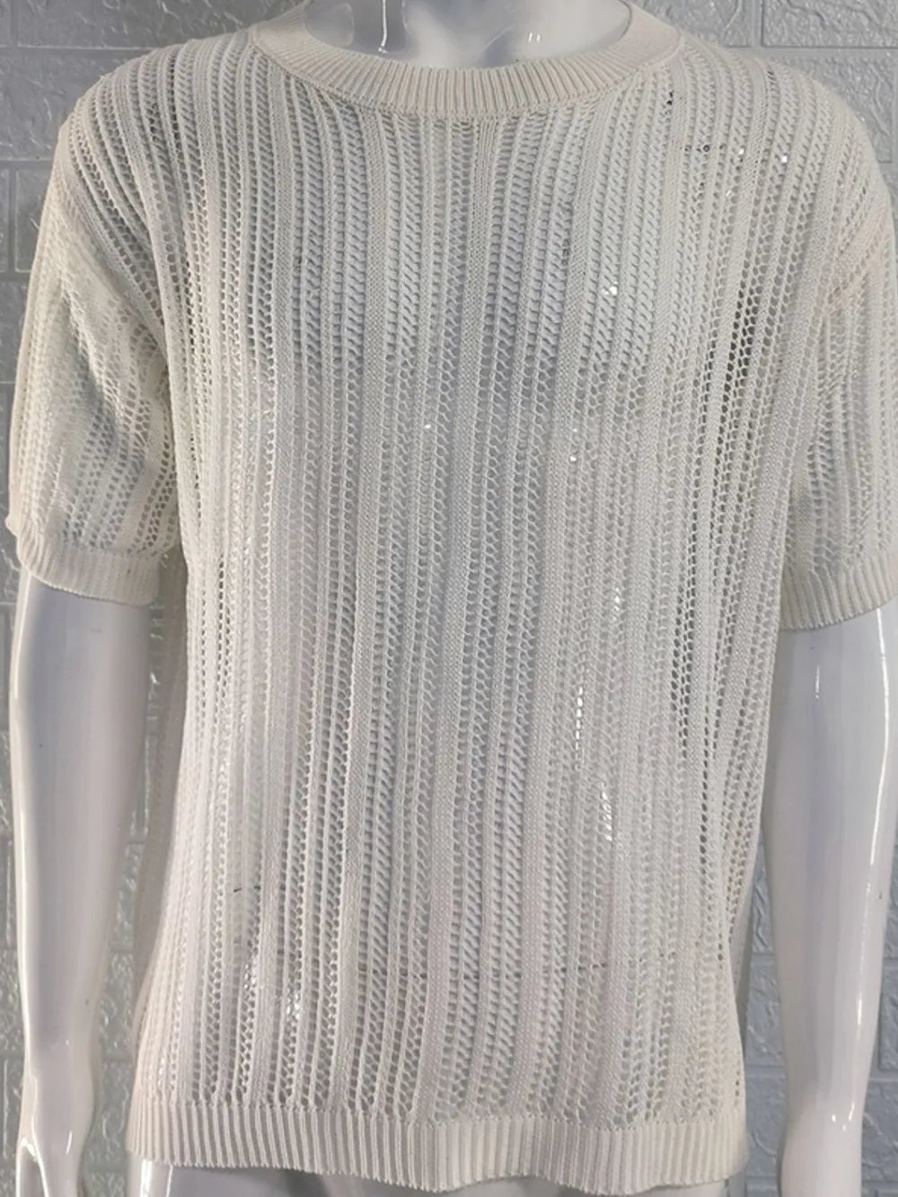 Men's Openwork Round Neck Knit T-Shirt, image 9