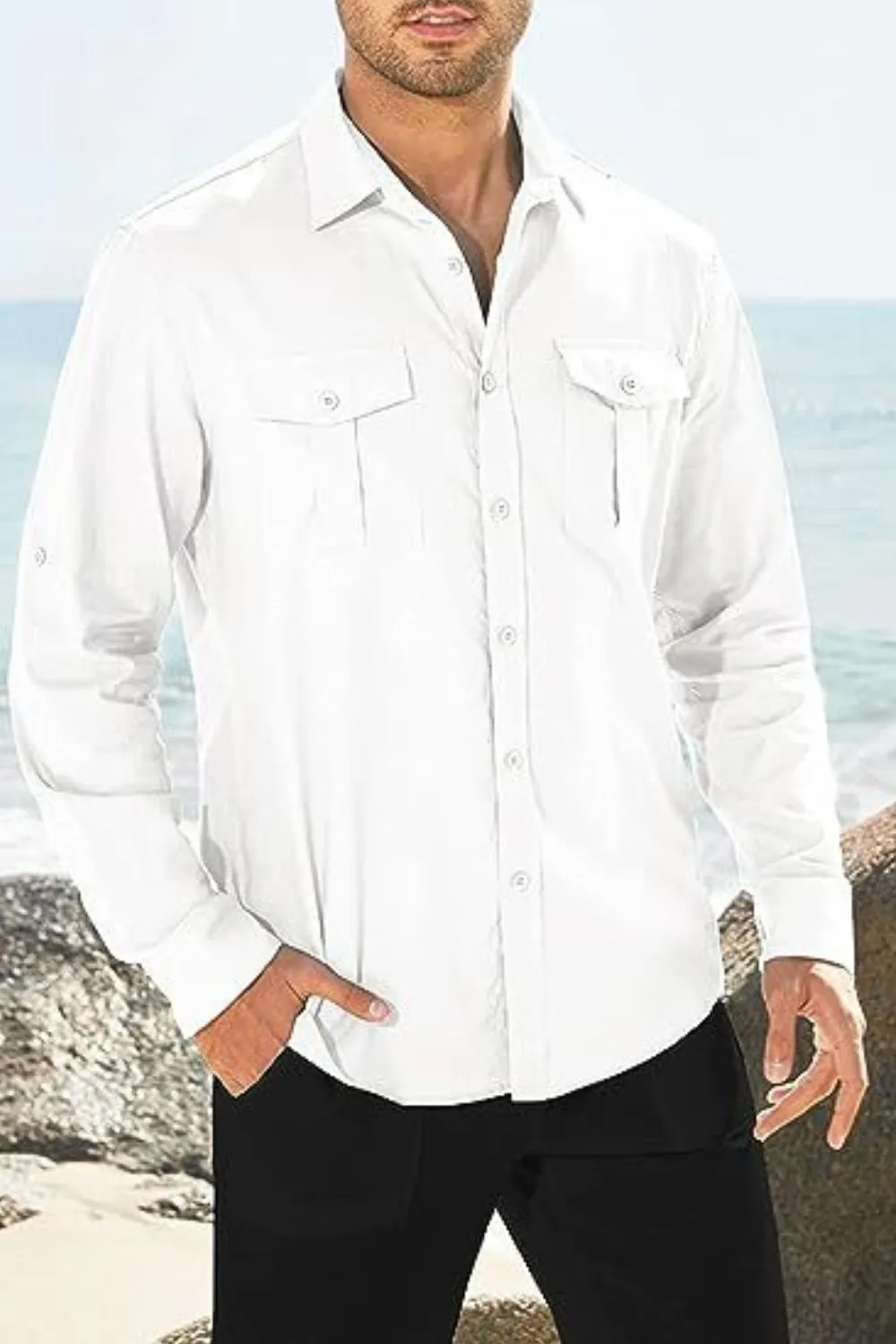 Men's Plus Size Button Down Collared Neck Long Sleeve Shirt, image 5
