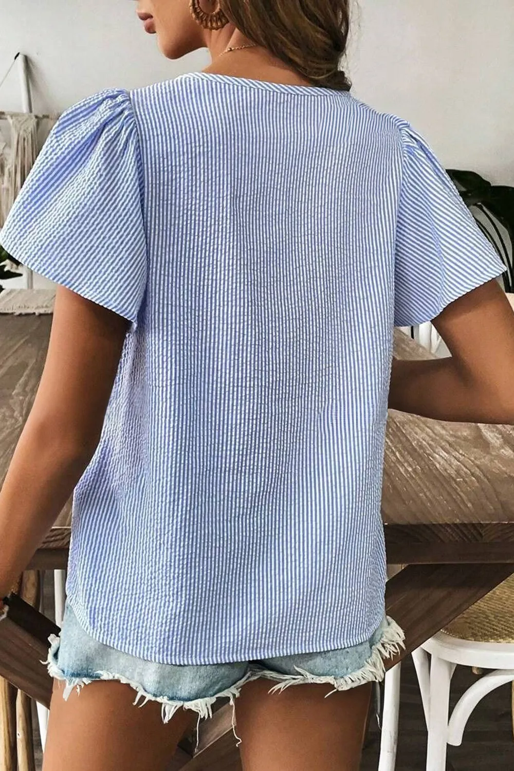Stripe Textured Ruffle Short Sleeve Boho Detail Square Neck Blouse, image 6