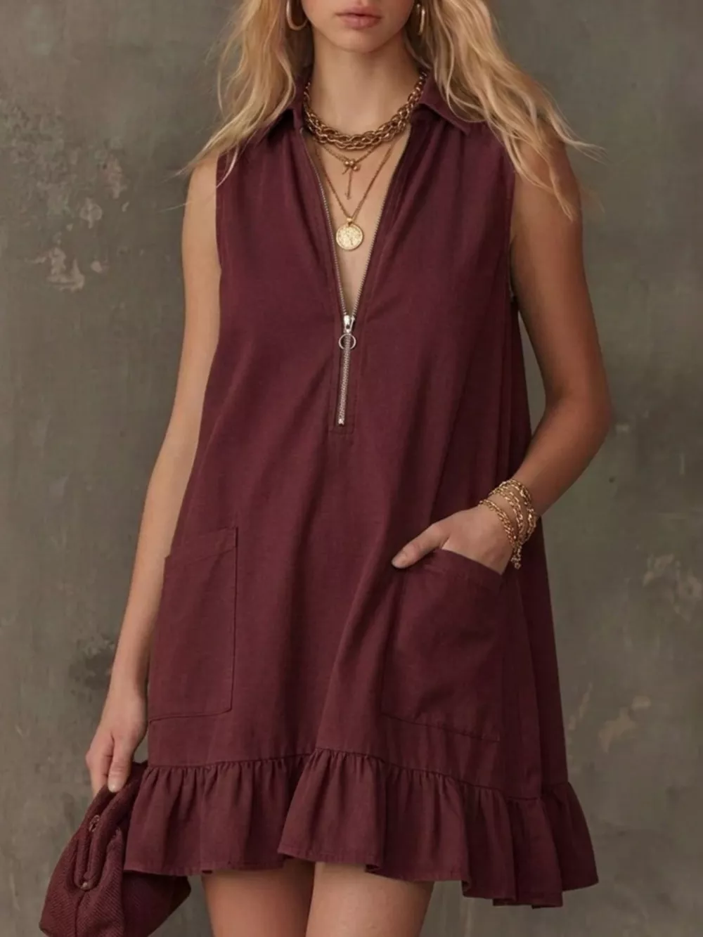 Sleeveless Collared Zip-Front Ruffle Hem Dress, image 6