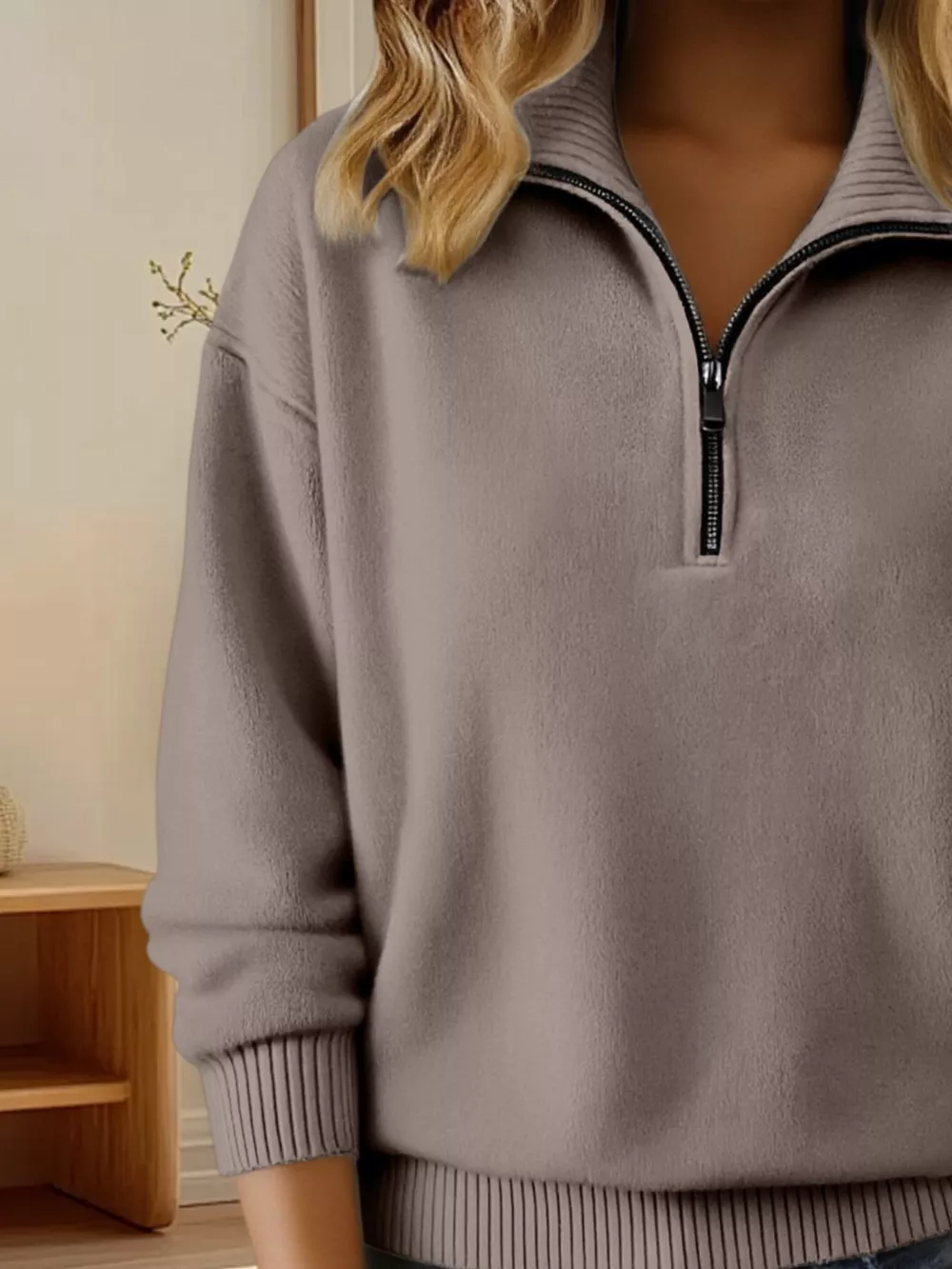 Full Size Half Zip Dropped Shoulder Sweater Plus Size, image 12