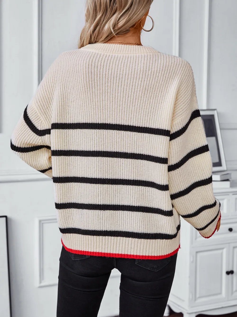 Striped Round Neck Dropped Shoulder Sweater, image 2