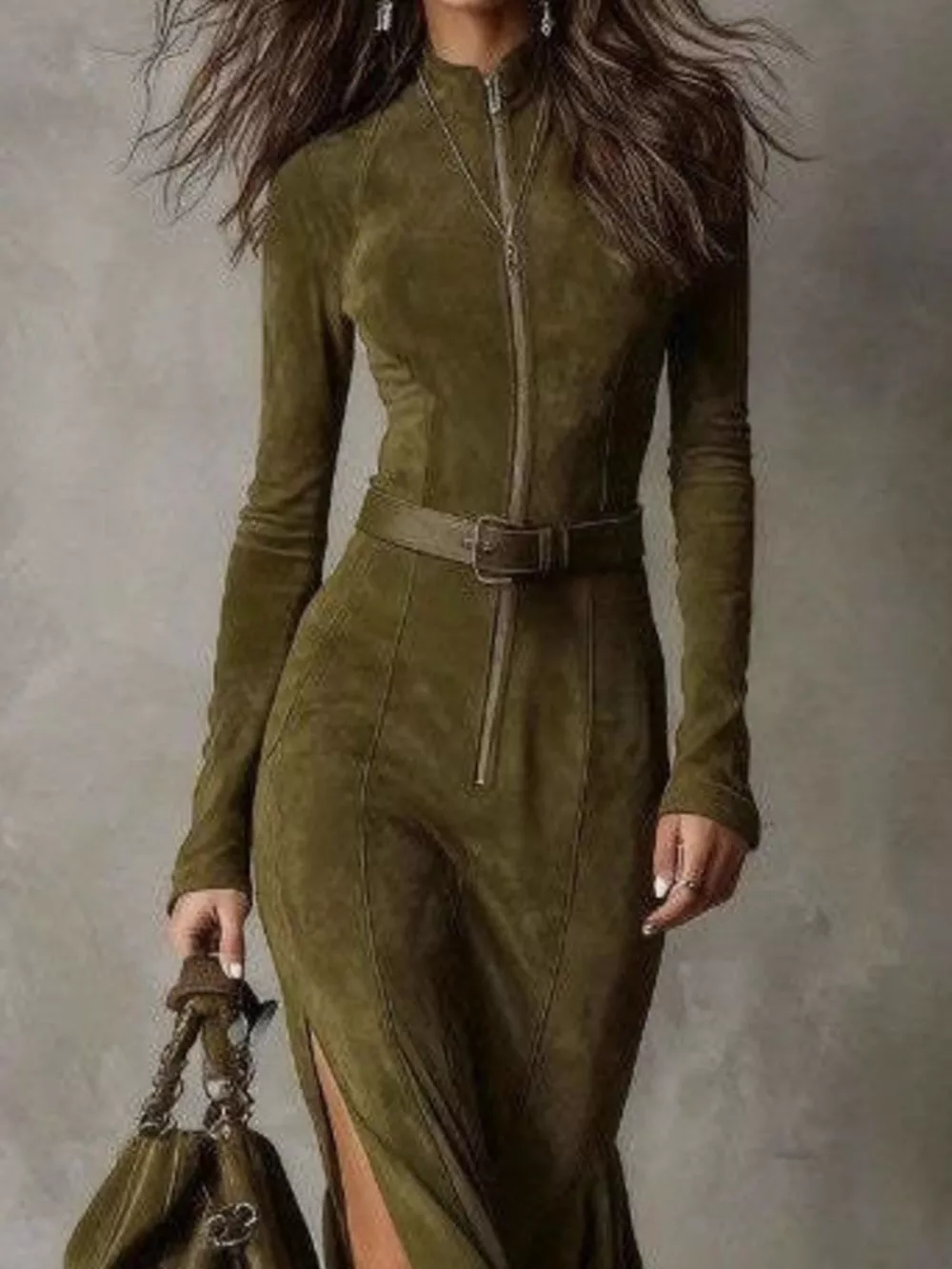 Full Size Slit Zip-Front Long Sleeve Maxi Dress with Belt Plus Size, image 5