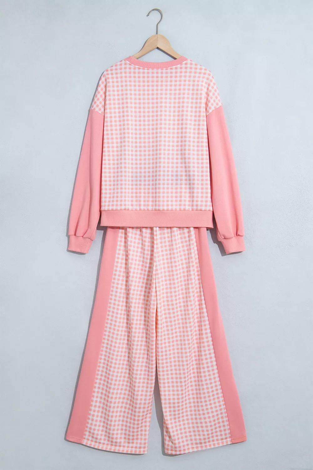 Color Block Plaid Patchwork Long Sleeve Pullover Wide Leg Pant Set, image 4