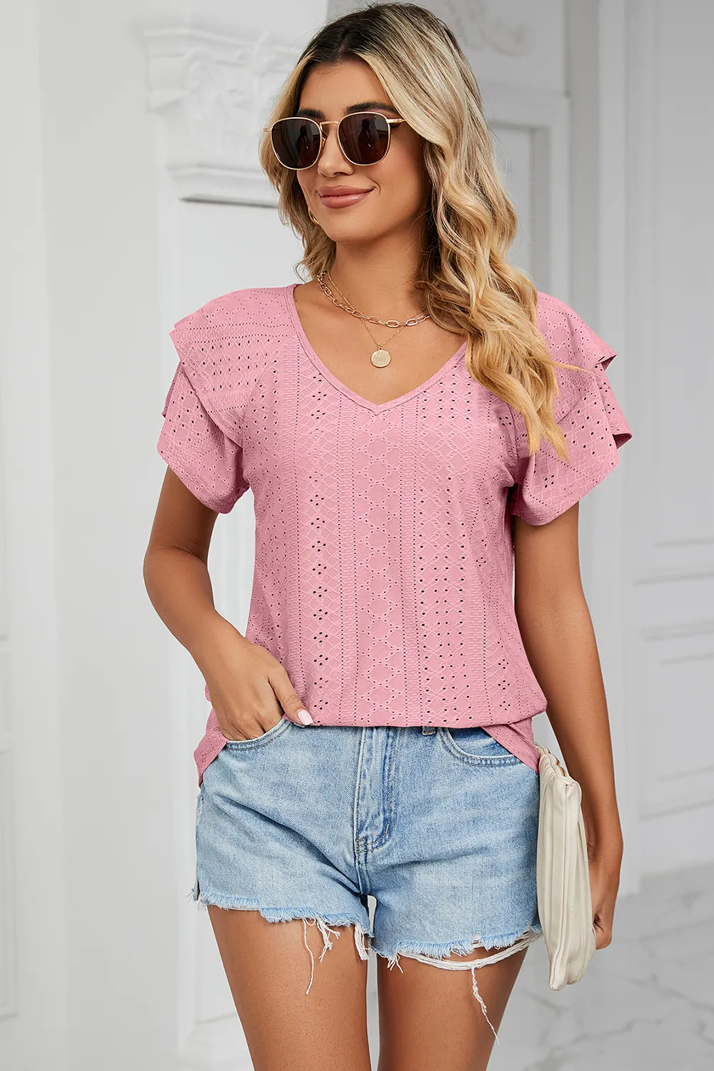 Eyelet V-Neck Short Sleeve T-Shirt, image 8