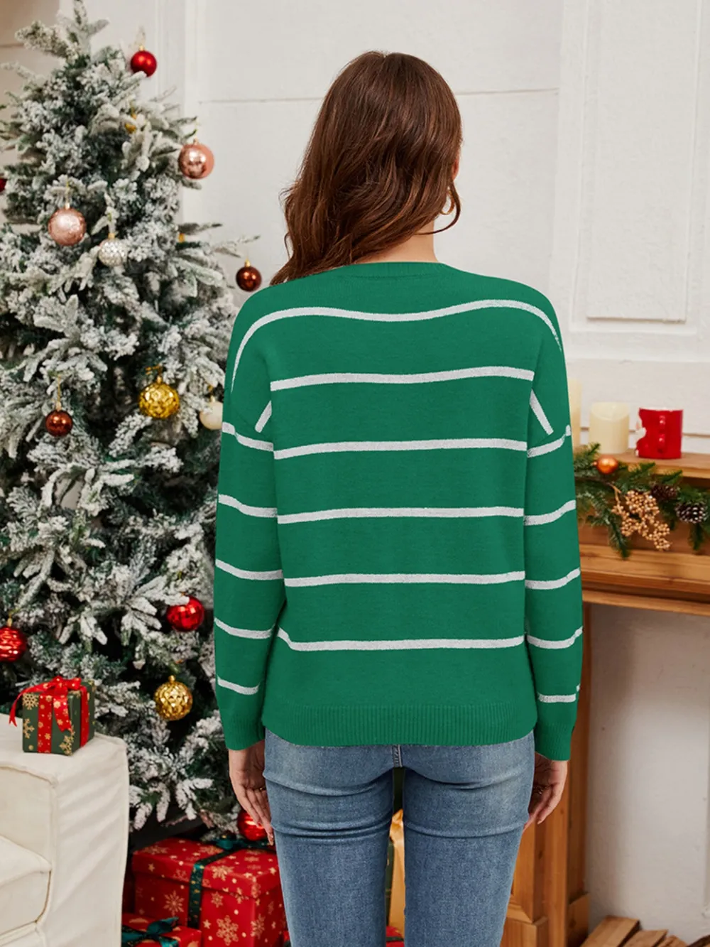 Sequin Santa Striped Round Neck Long Sleeve Sweater, image 3