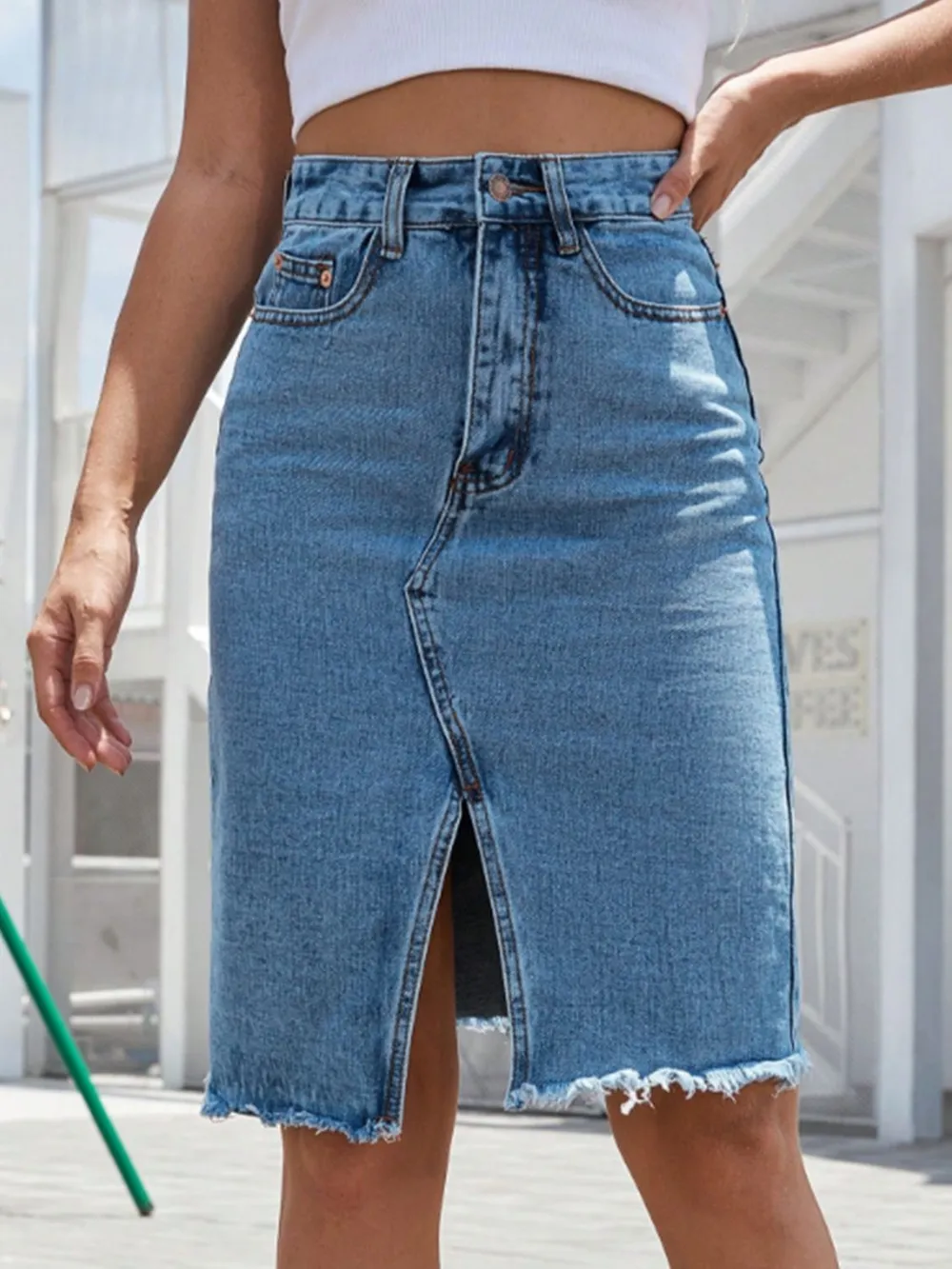 Raw Hem Slit Denim Skirt, image 5