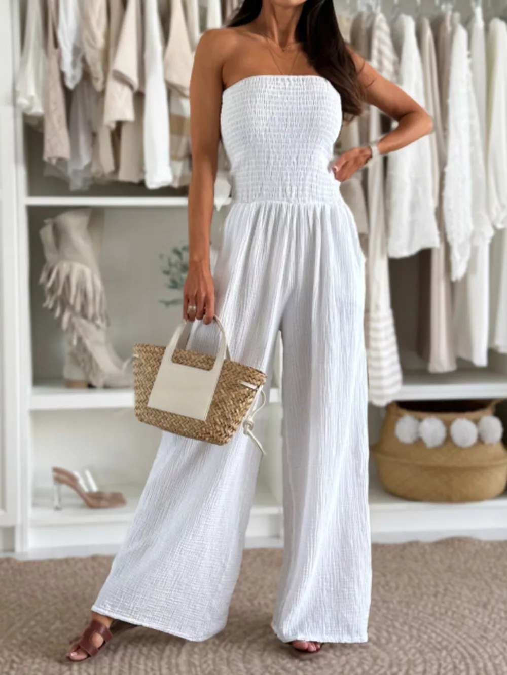 Smocked Strapless Wide-Leg Jumpsuit, image 9
