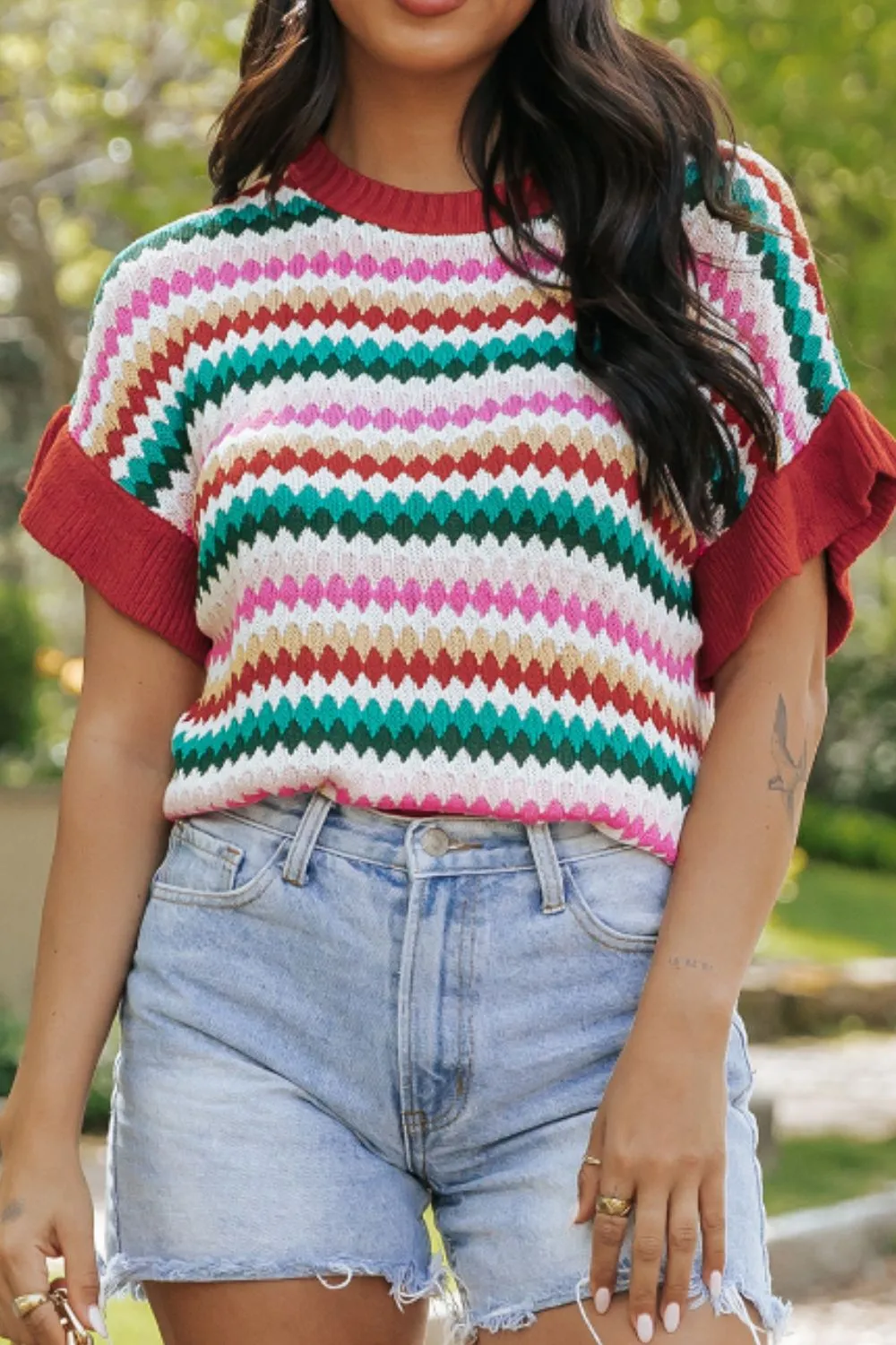 Contrast Round Neck Short Sleeve Sweater, image 9