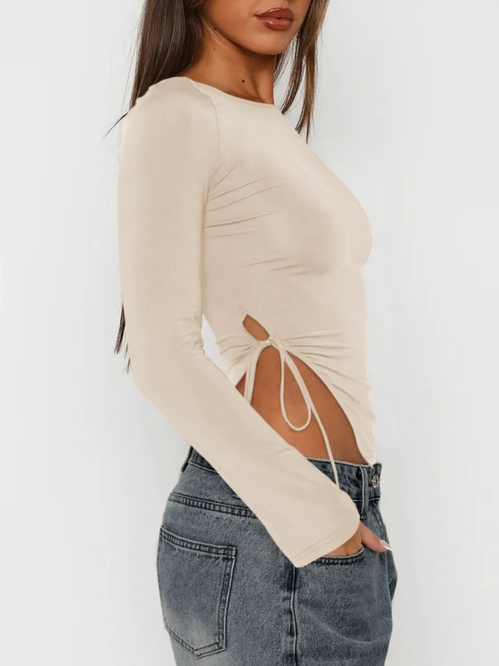 Tied Slit Round Neck Long Sleeve T-Shirt, image 4