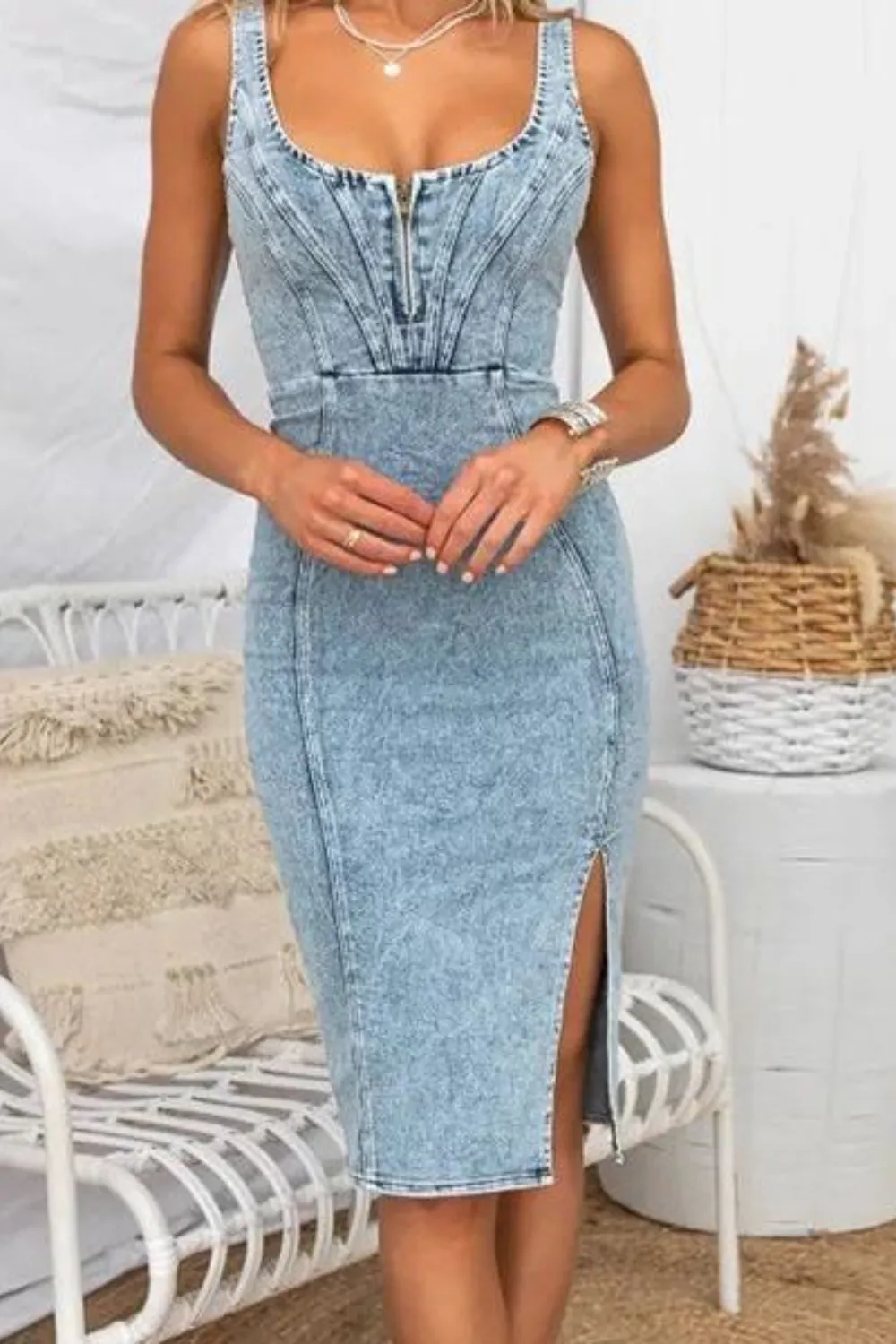 Side Slit Washed Scoop Neck Denim Dress, image 2