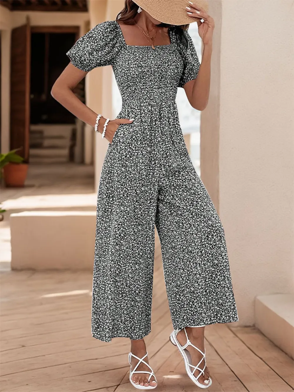 Printed Square Neck Puff Sleeve Jumpsuit, image 12