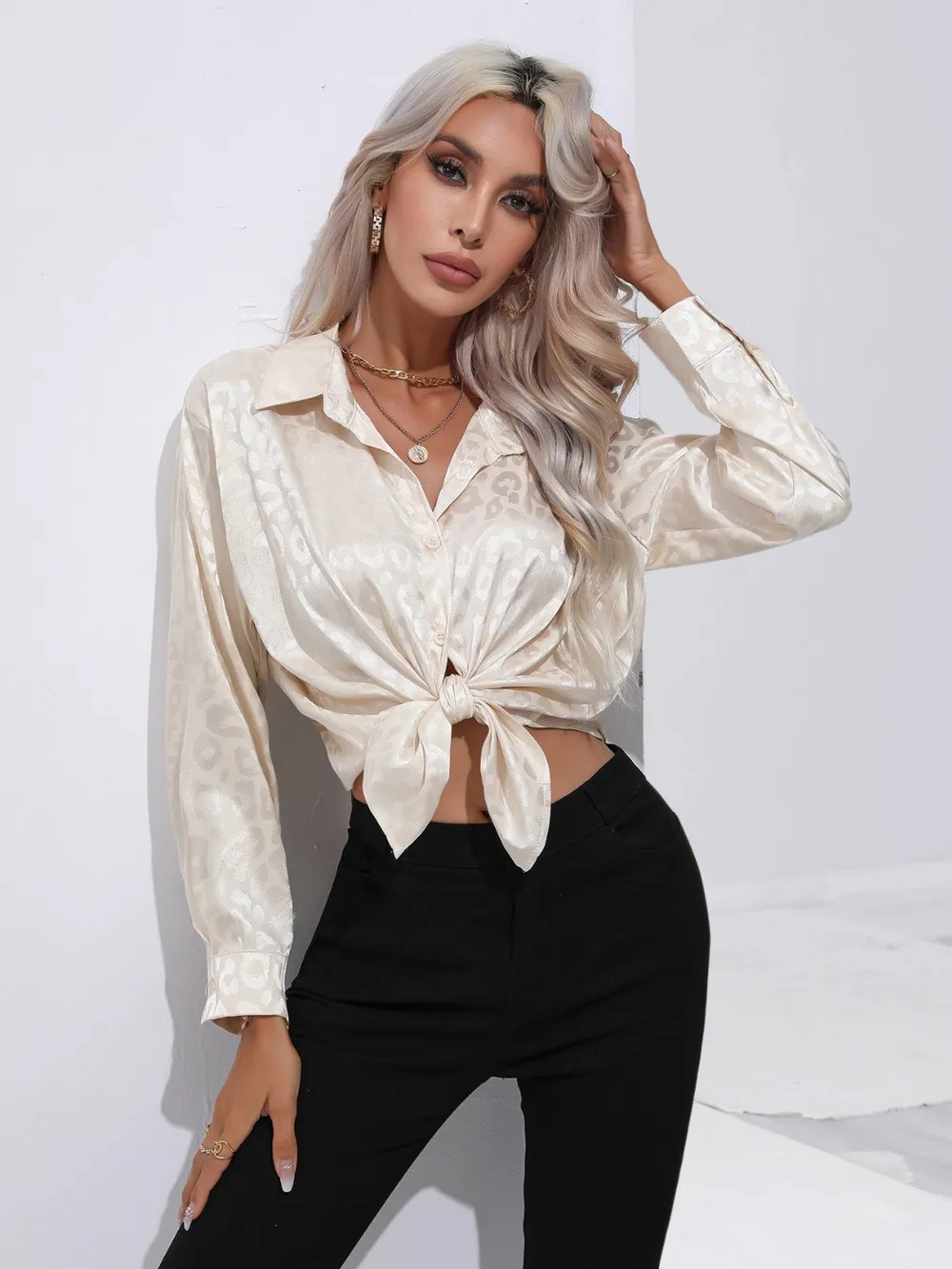 Leopard Collared Neck Long Sleeve Shirt, image 5