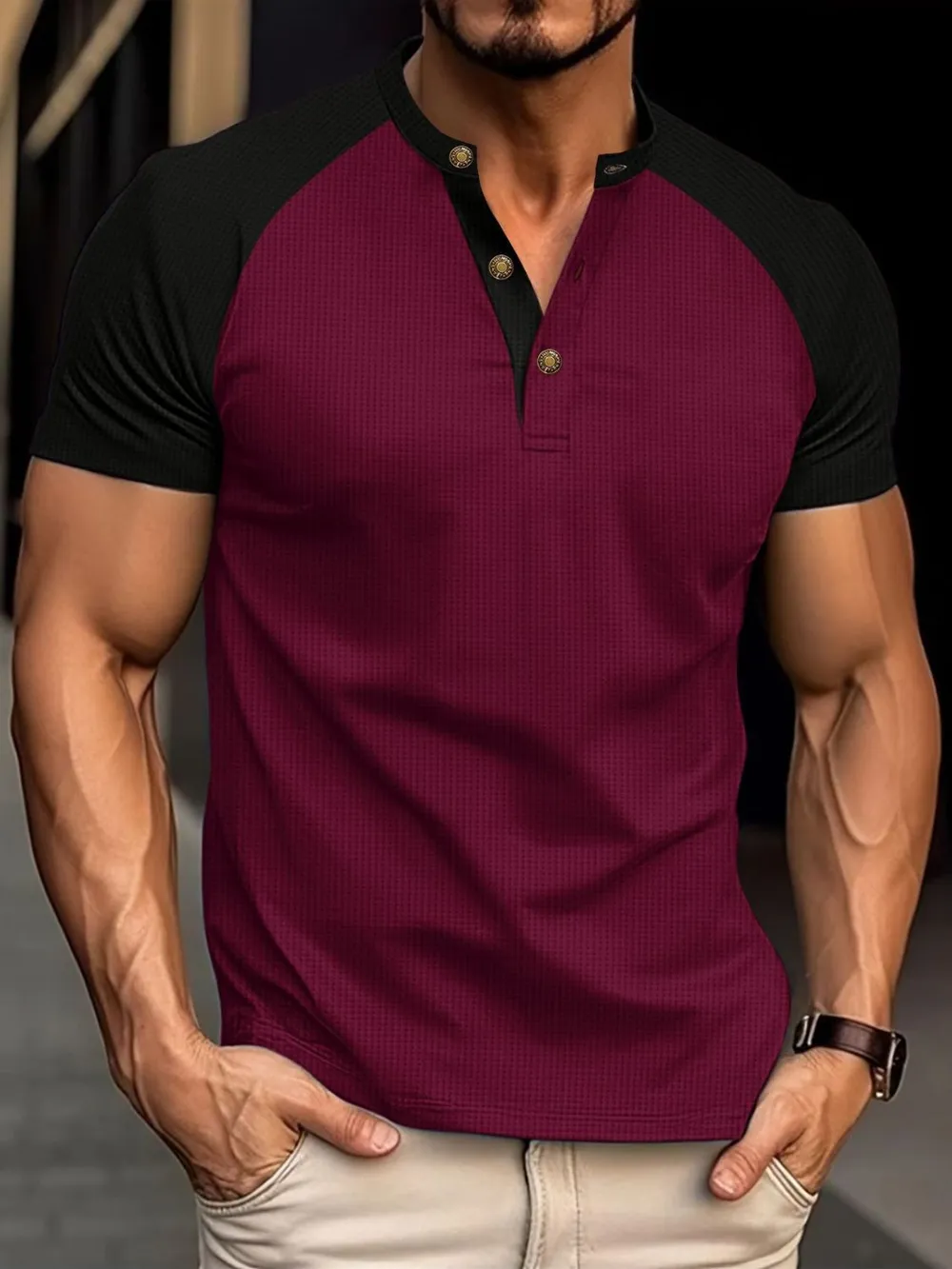 Men's Full Size Waffle-Knit Round Neck Contrast Polo Plus Size, image 4