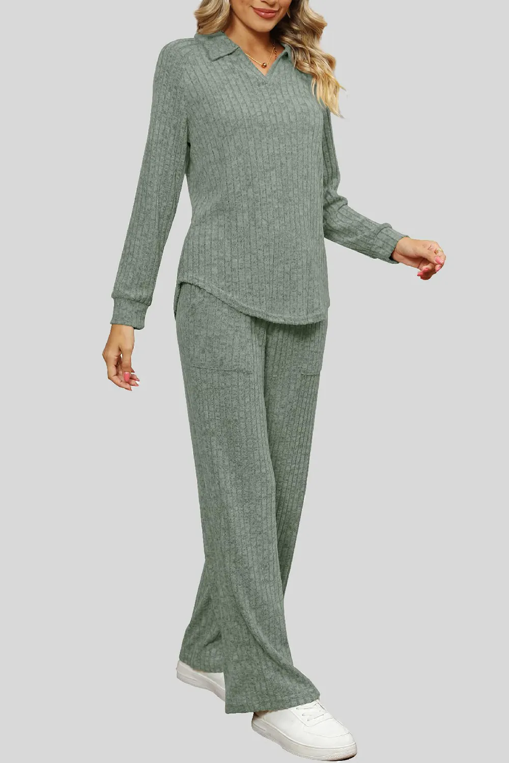 Ribbed Long Sleeve Top and Pocketed Pants Set, image 18