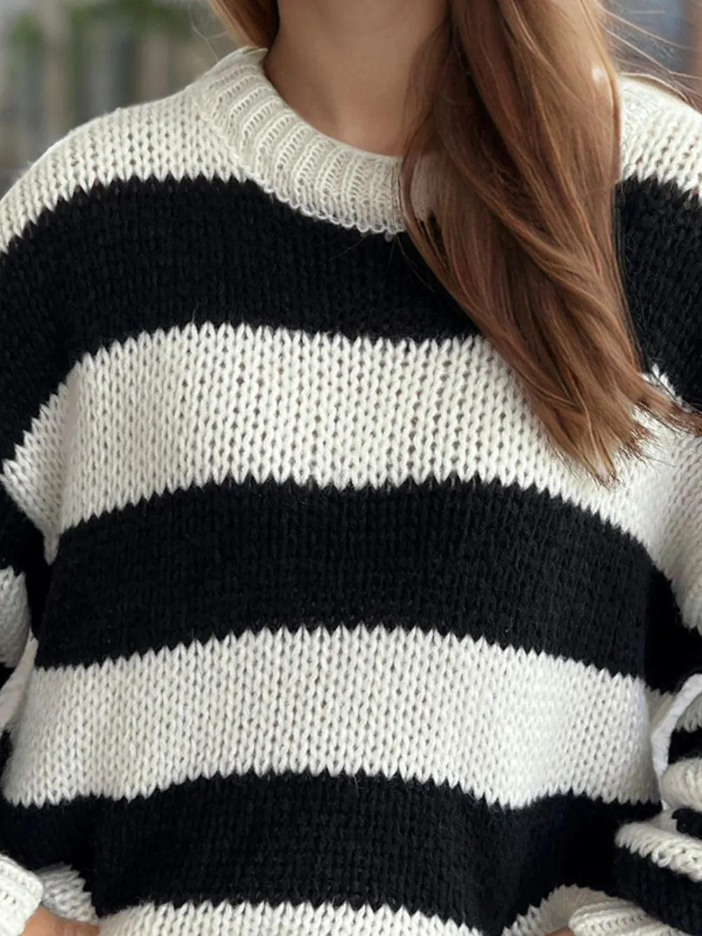 Contrast Striped Round Neck Long Sleeve Sweater, image 7