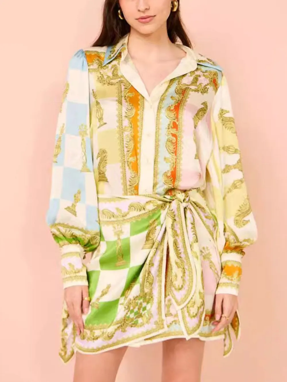 Printed Lantern Sleeve Shirt Dress, image 4