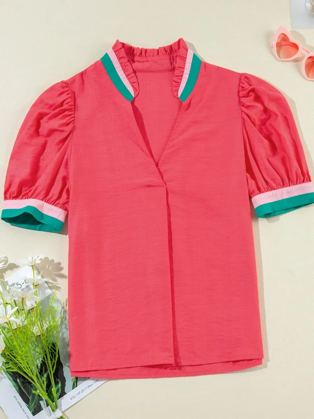 Carrot Colorful Trim V Neck Short Sleeve Blouse, image 4