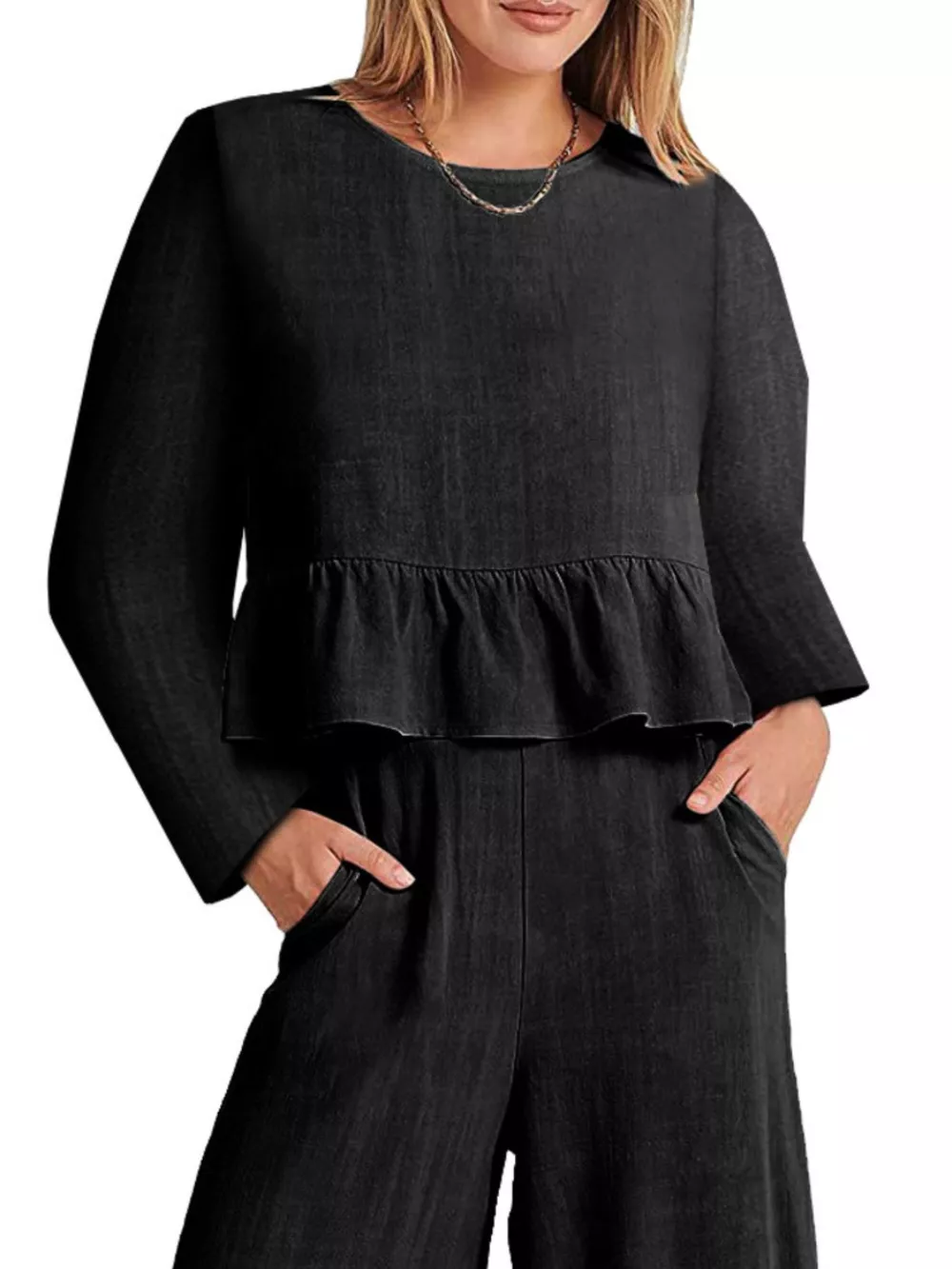 Full Size Ruffled Hem Long Sleeve Top and Pants Set Plus Size, image 3