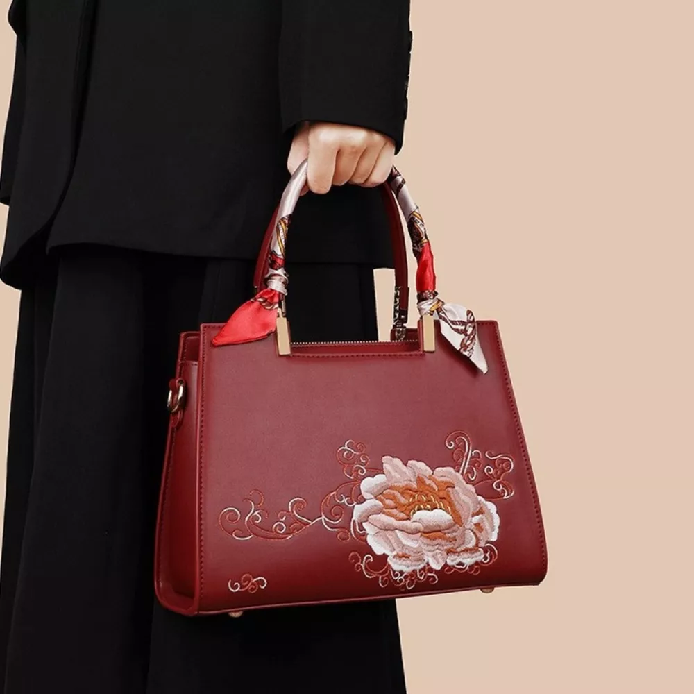 Embroidered Floral Leather Top Handle Handbag