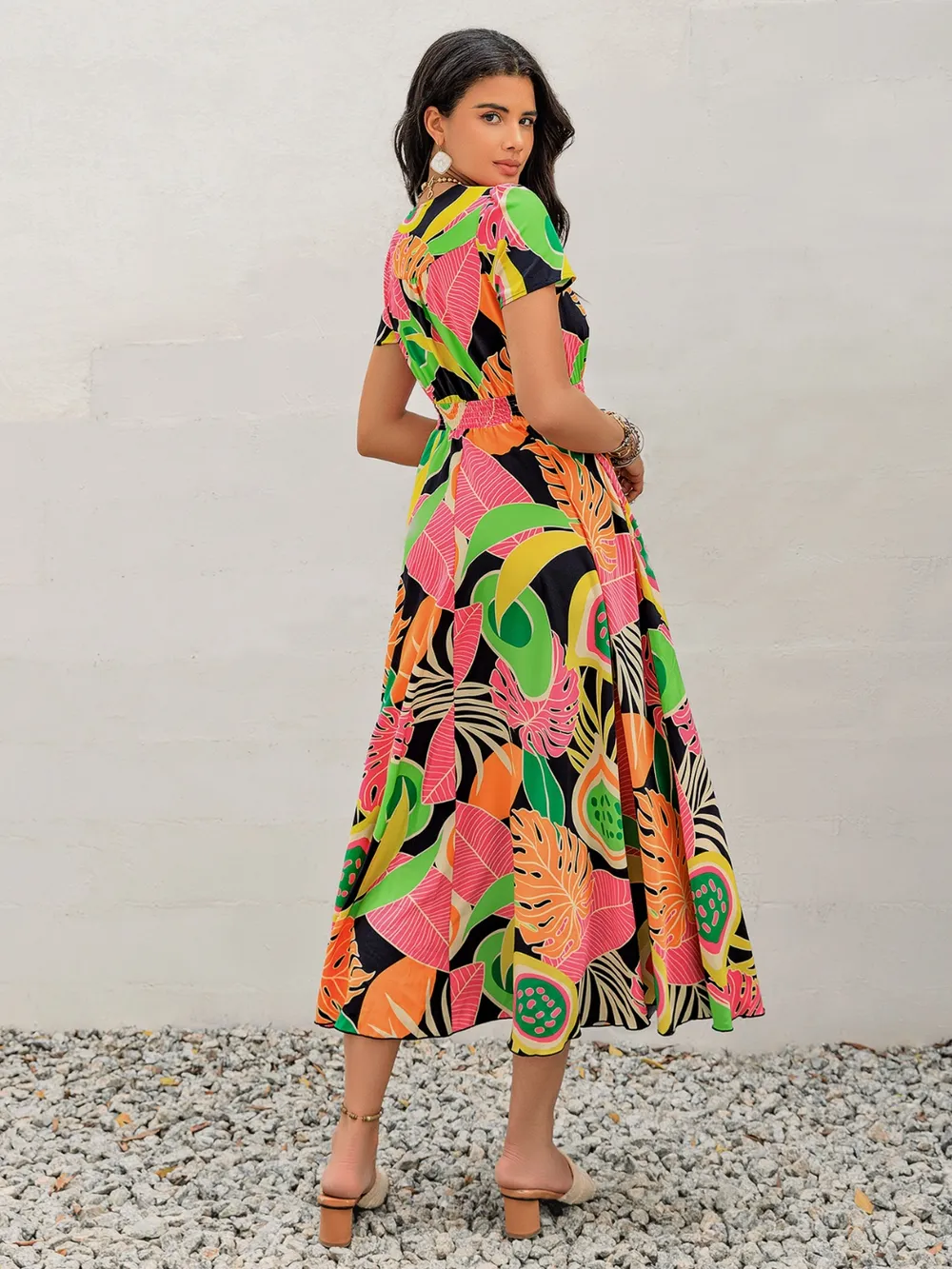 Tropical Print V-Neck Short Sleeve Midi Dress, image 4