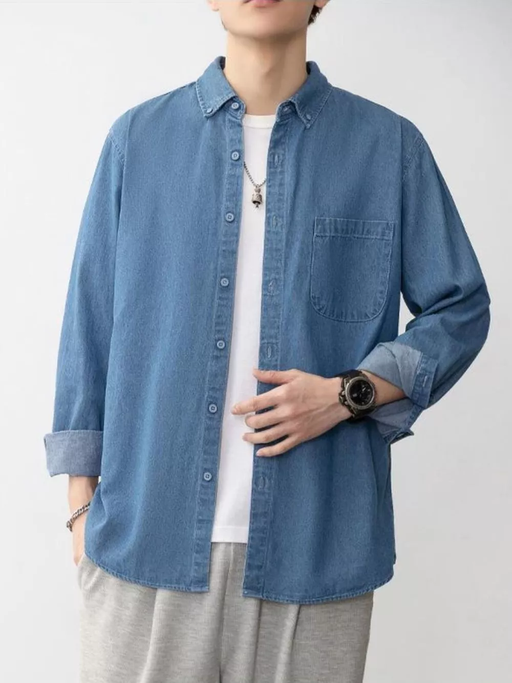 Men's Plus Size Button Up Long Sleeve Denim Shirt, image 4
