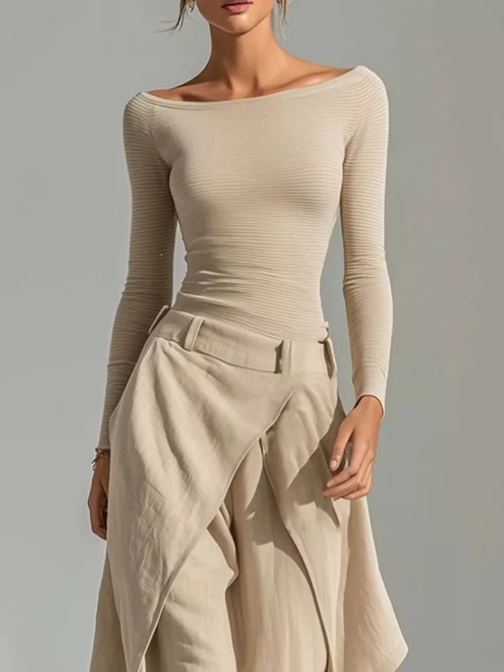 Boat Neck Long Sleeve Top and Asymmetrical Pants Set, image 2