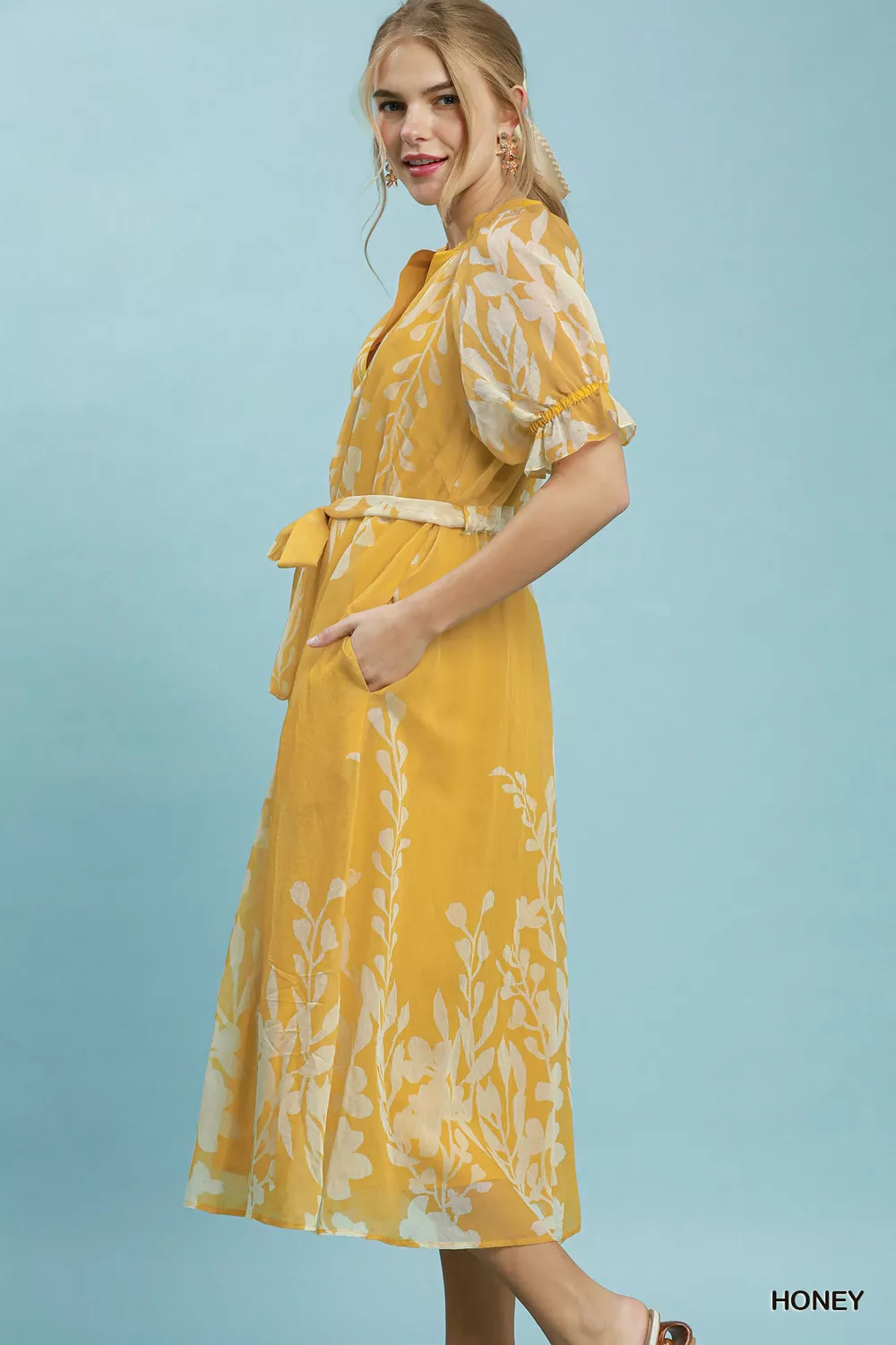 Floral Print Tie Waist Midi Dress with Side Pockets, image 2