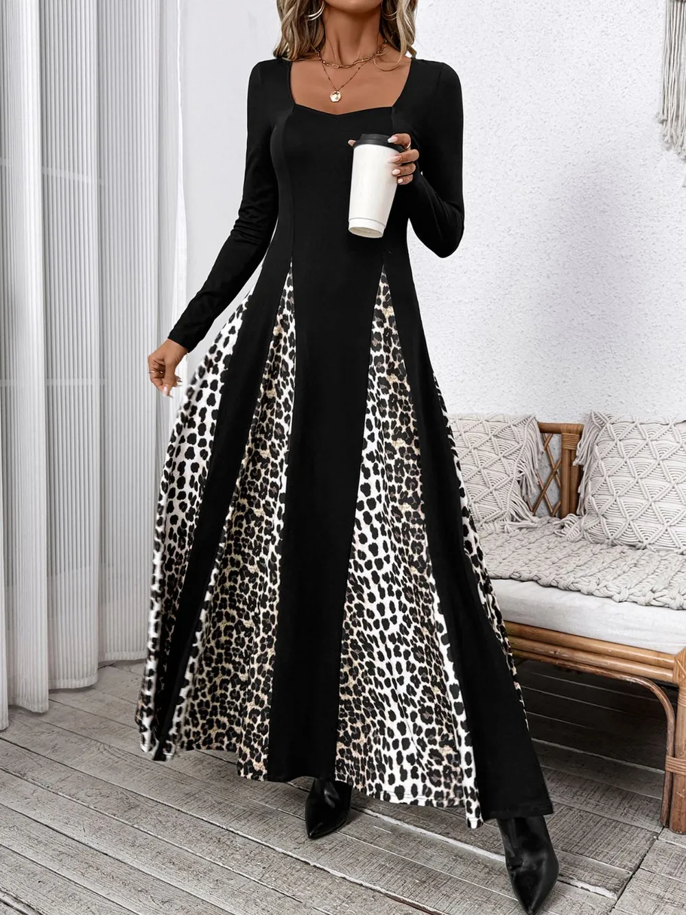 Leopard Square Neck Long Sleeve Maxi Dress, image 2