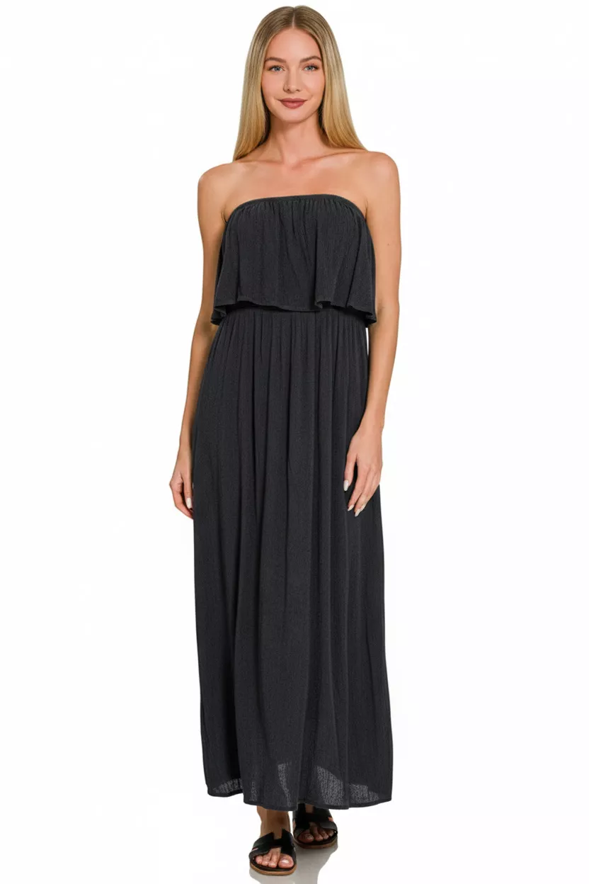 Woven Crinkle Strapless Maxi Dress, image 2