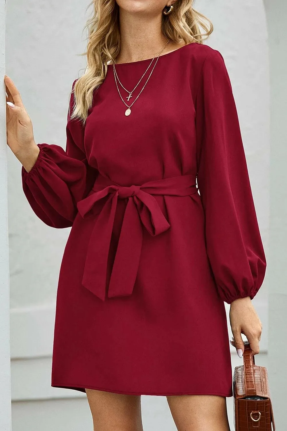 Tied Boat Neck Balloon Sleeve Mini Dress, image 17