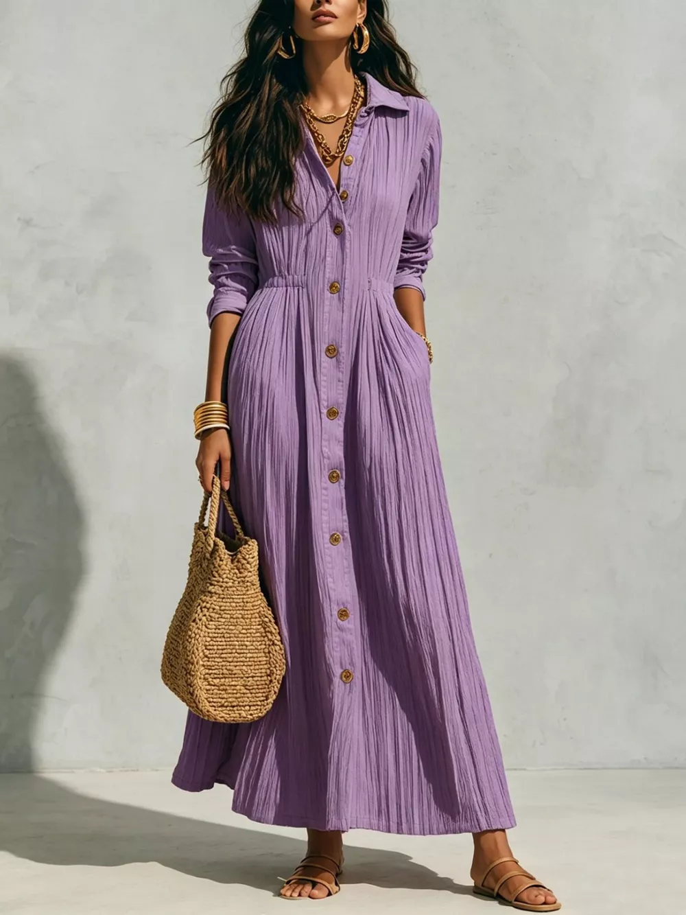 Full Size Textured Button Front Long Sleeve Maxi Dress Plus Size