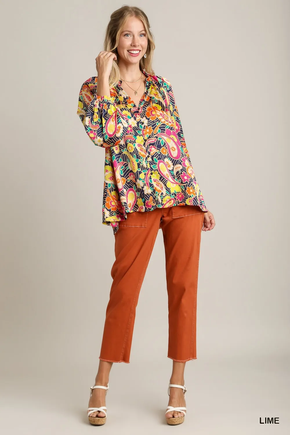 Full Size Satin Paisley Ruffle Neck Button-Up Shirt Plus Size, image 2